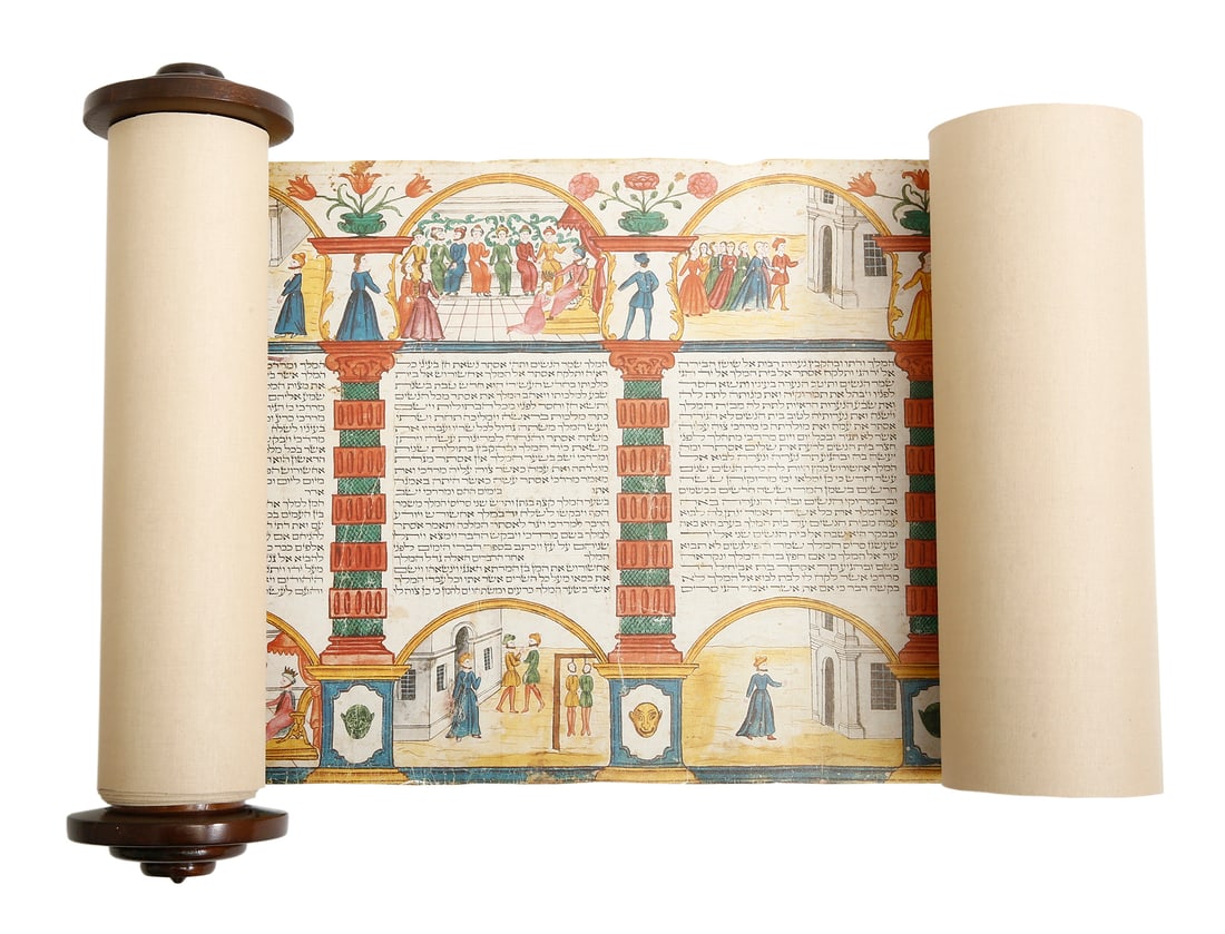 ESTHER SCROLL – LUXURY FACSIMILE EDITION (18TH CENTURY, EUROPE): Austria 1984. From the collection of Michael Kniel. Colorful “King” scroll with illustrations along its length, printed on fabric. Published by the prestigious Akademische Druck- u. Verlagsans