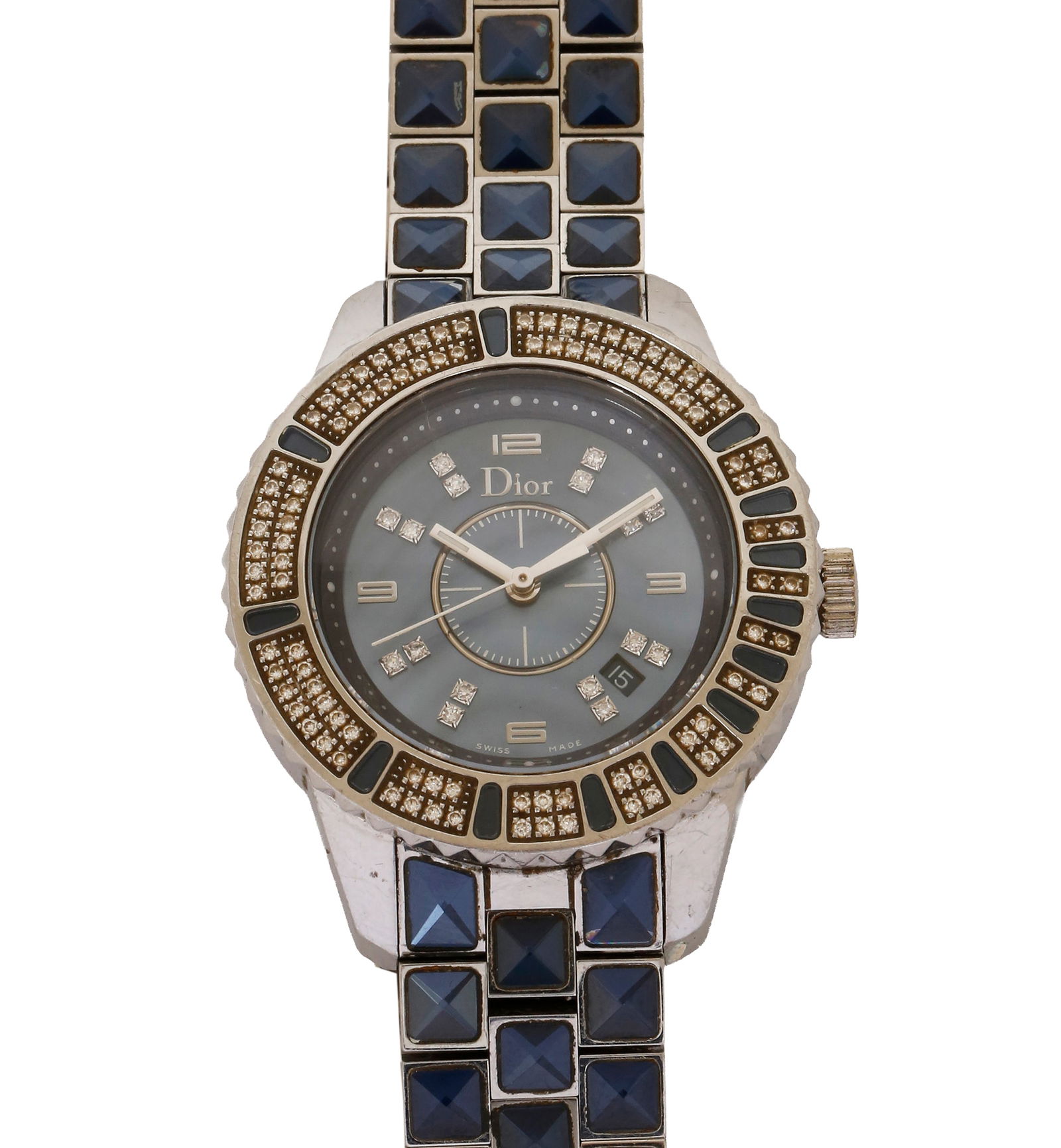 DIOR STEEL WRISTWATCH: Quartz movement, Christal CD11311GM001, diameter approx. 33 mm. Blue mother-of-pearl dial set with diamonds. Bezel set with diamonds and sapphires, steel bracelet set with sapphires and original buckl