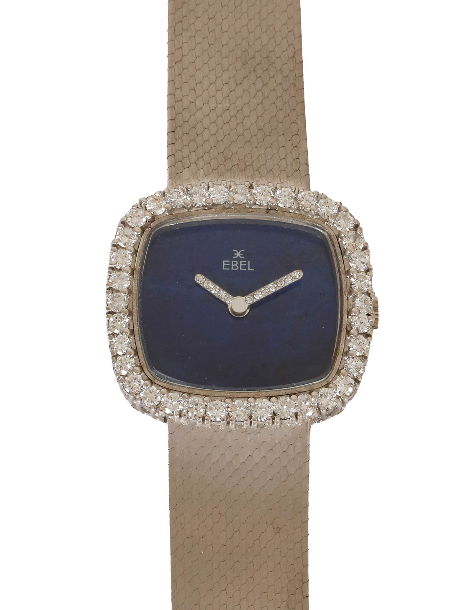 EBEL 18K WHITE GOLD WRISTWATCH: Frame set with diamonds, mechanical movement, dimensions approx. 28x27 mm. Lapis lazuli dial and hands set with diamonds. Integrated 18K white gold bracelet and original buckle. Length approx. 18 cm.