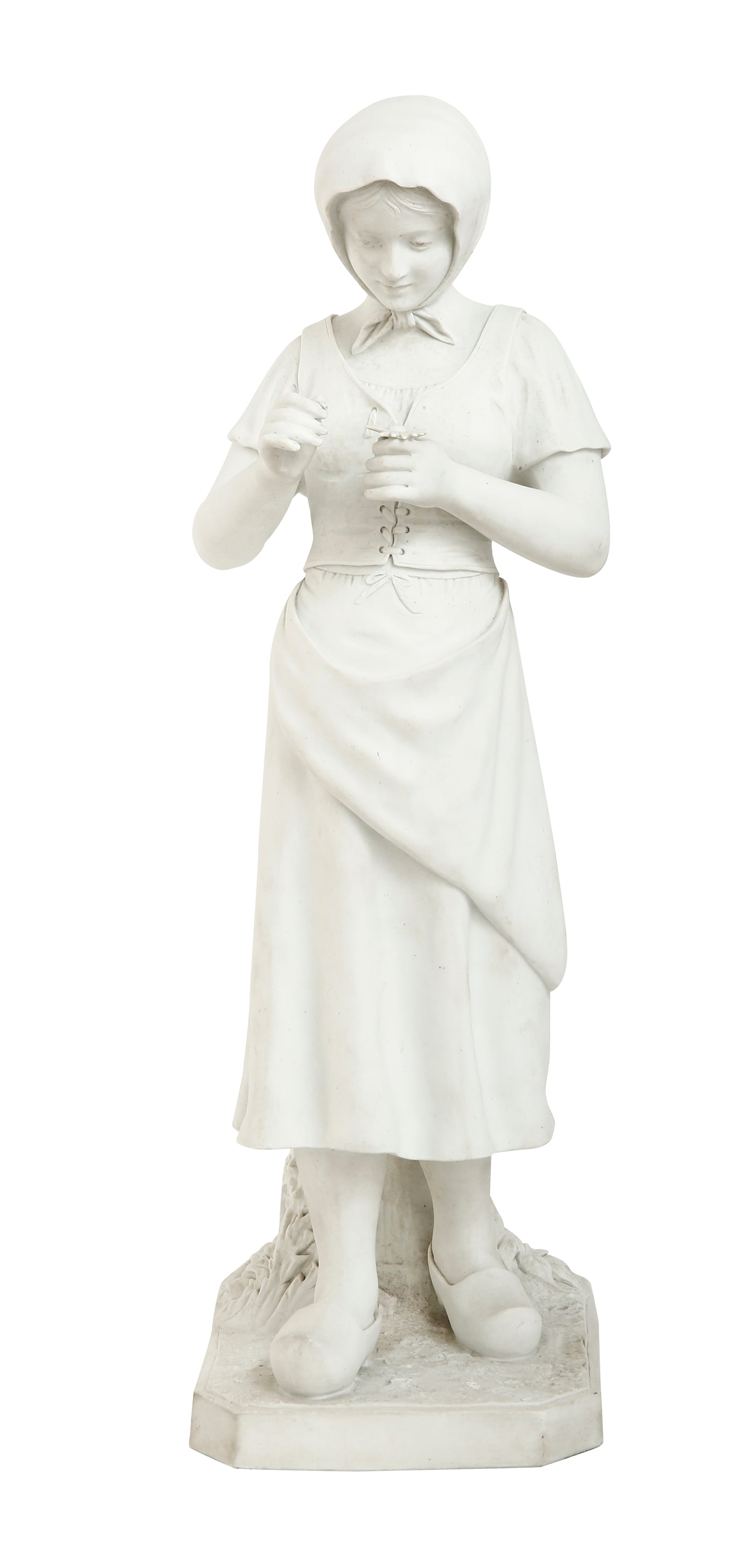 'GIRL AND FLOWER' - FRENCH BISQUE FIGURE: Early 20th century. figure of a brutanian girl leaning on a tree trunk, plucking chrysanthemum petals. porcelaine de paris. bears three signatures, including one from sevres. height: 57.5 cm.