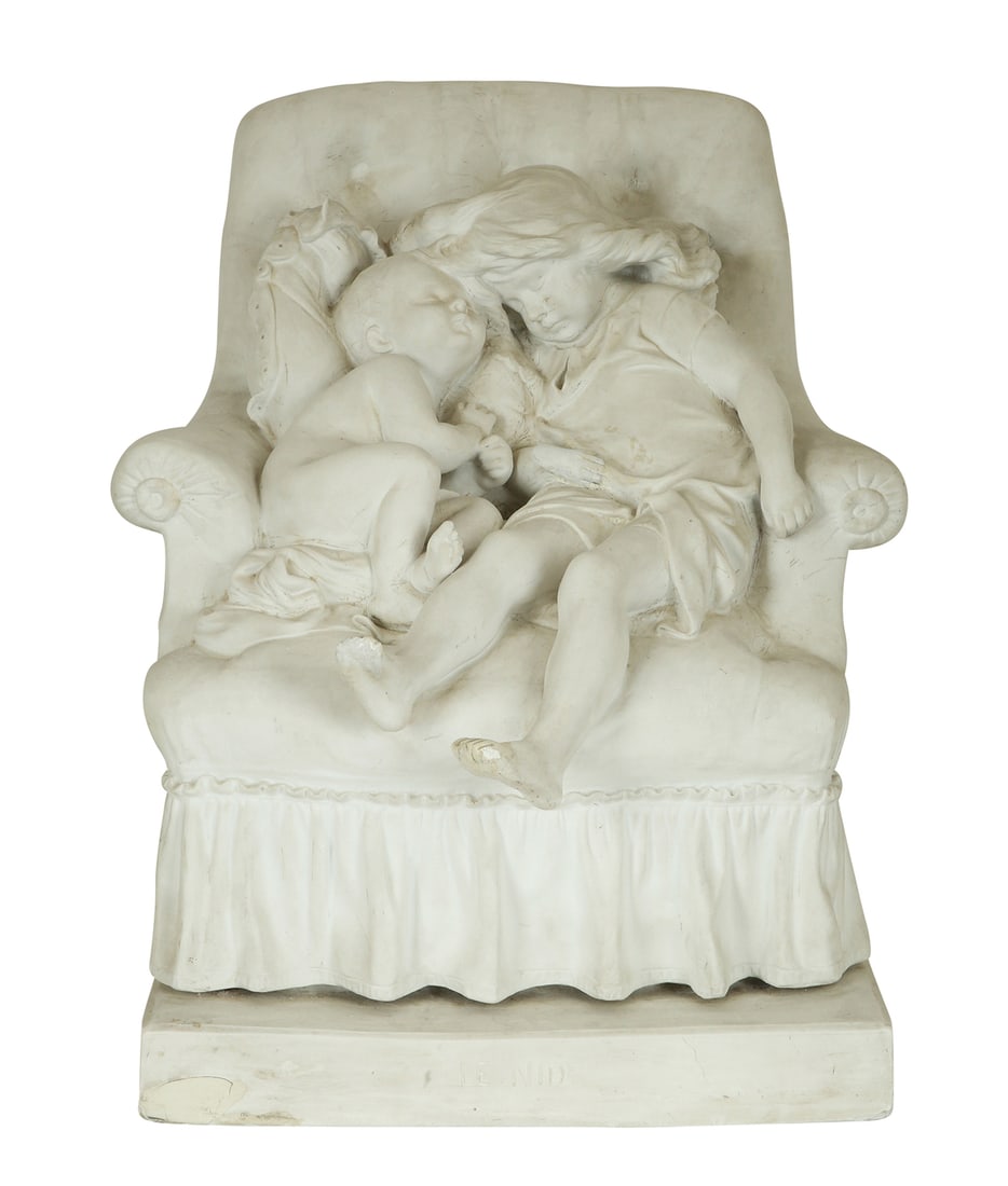 ARISTIDE CROICY (1840-1899) - THE NEST, FRENCH GROUP BISQUE SCULPTURE: Late 19th century. Made of porcelain in the form of a girl and a baby curled up on a sofa. Signed and bearing the name of the work. Height: 39 cm. Width: 31 cm. *Purchased at Sotheby's **Several small