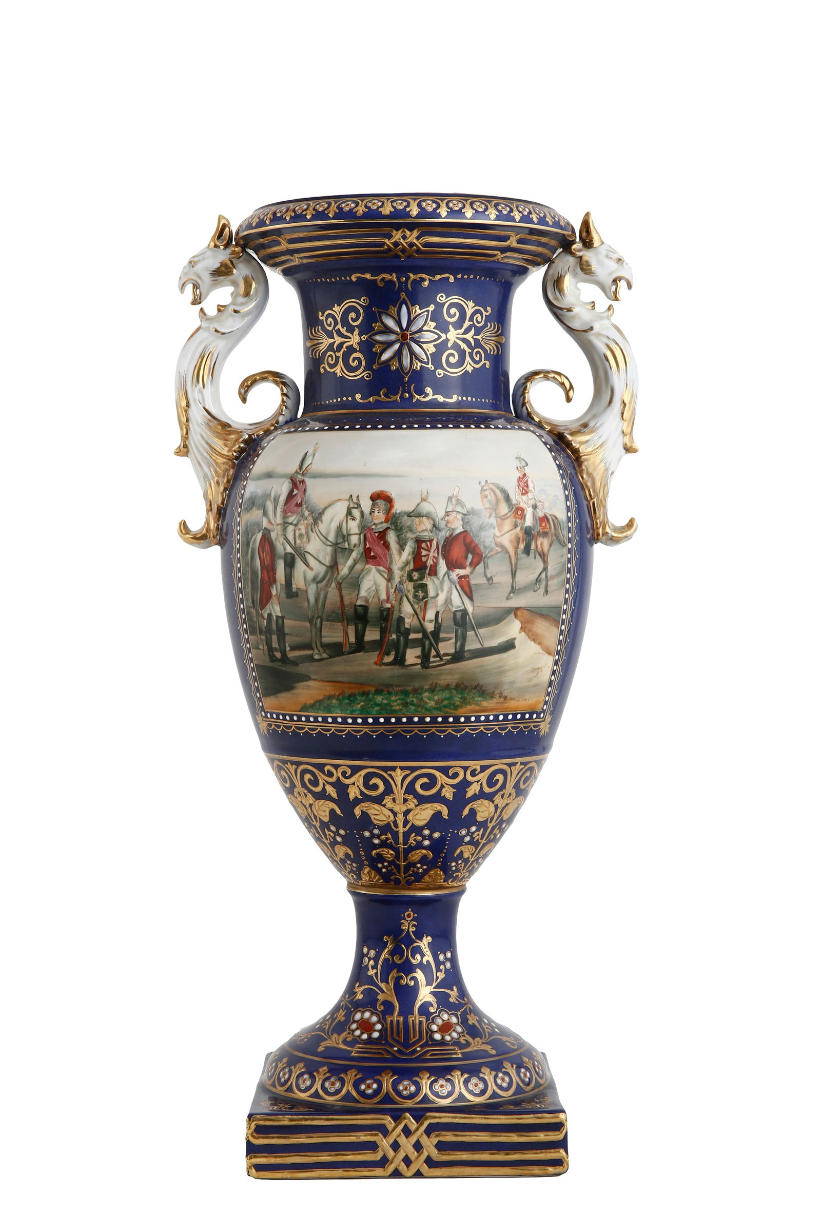 GERMAN PORCELAIN VASE: Neo-classical. Decorated with hand-painted scenes, geometric patterns, and gilt foliage. Dragon-form handles. Signed with the KPM mark. Height: 56 cm.