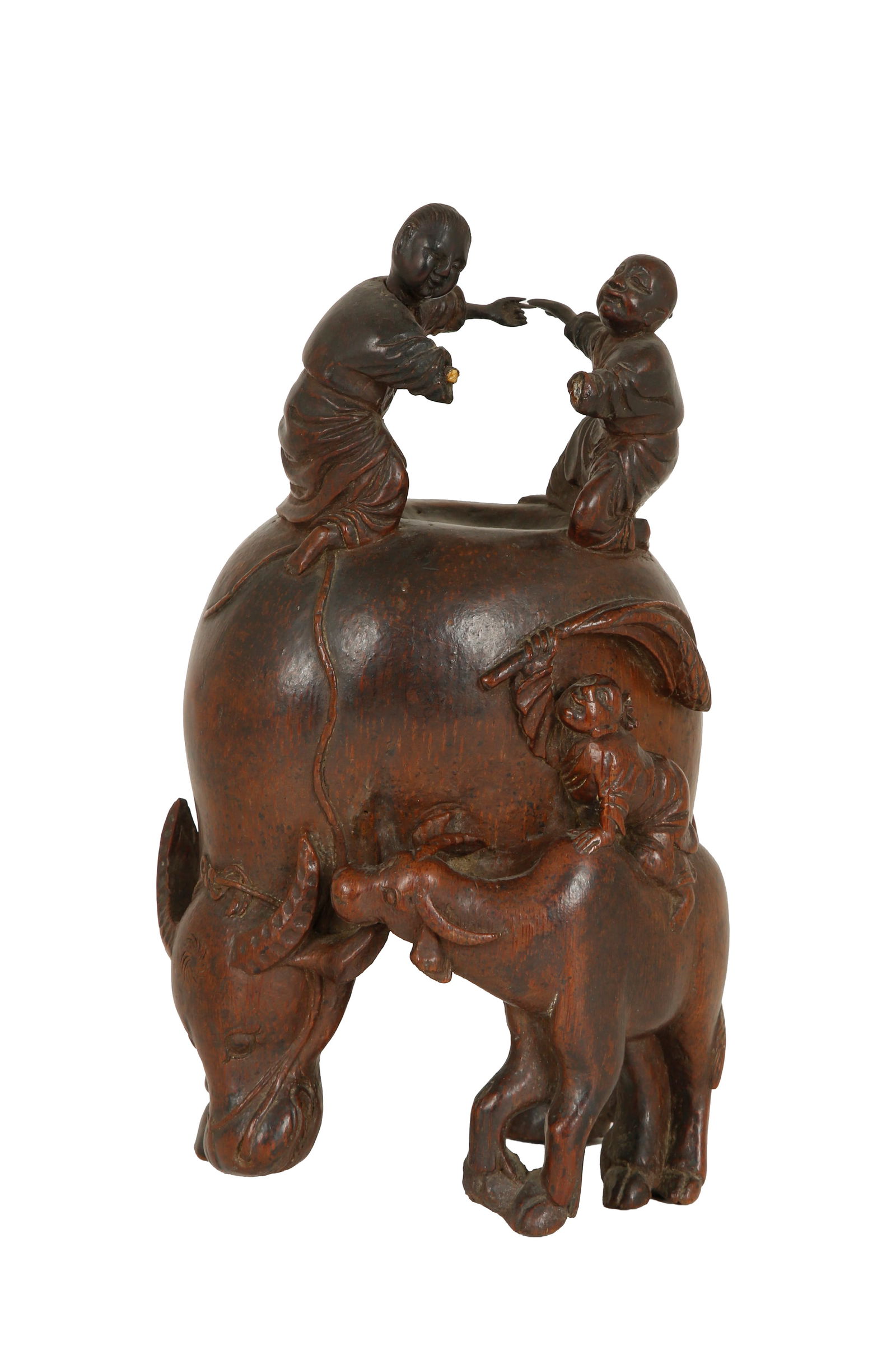 BOYS ON OXEN – ANTIQUE CHINESE FIGURINE: 18th century. Made of bamboo. Height: 22 cm. Several losses.