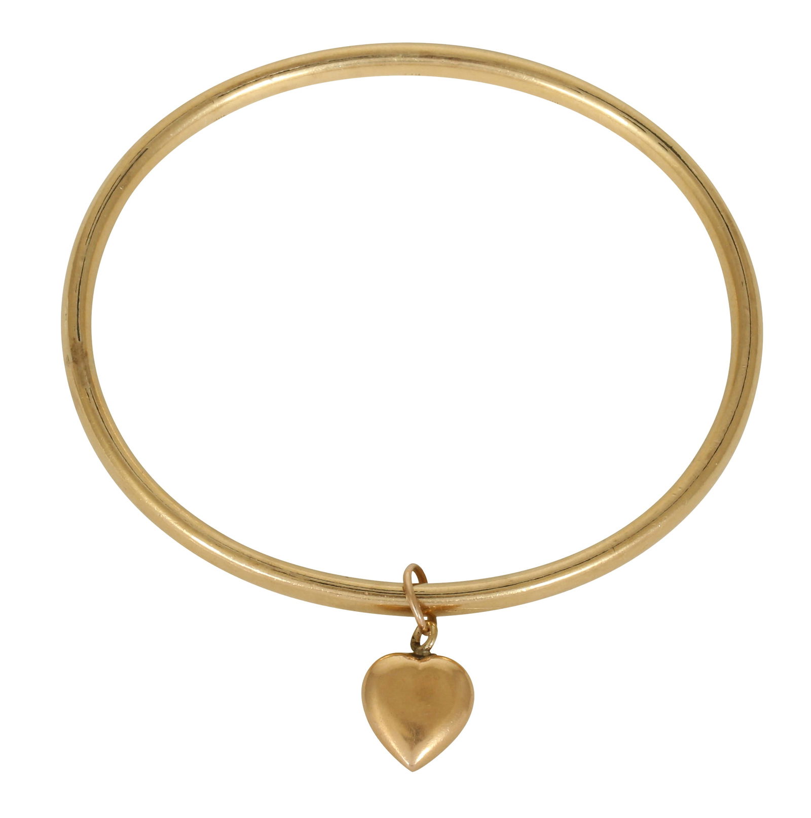 18K GOLD BANGLES: Closed, carrying an 18K gold pendant in a heart design. Diameter approx. 6.5 cm. Weight approx. 24 grams.