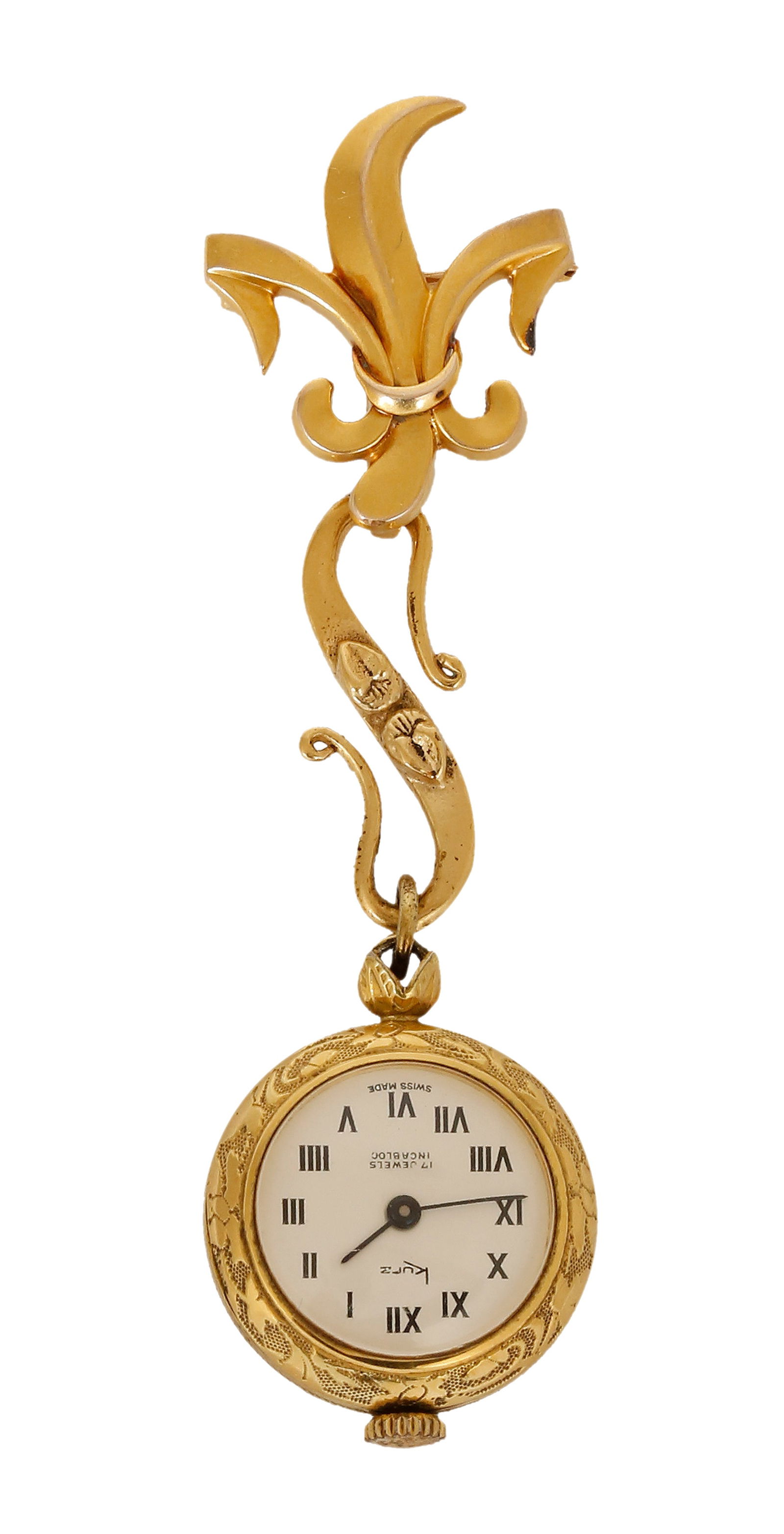 10k GOLD NURSES WATCH: Composed of a decorated gold mask, carrying a gold watch decorated with colorful enamel on its back. Weight approx. 13 grams.