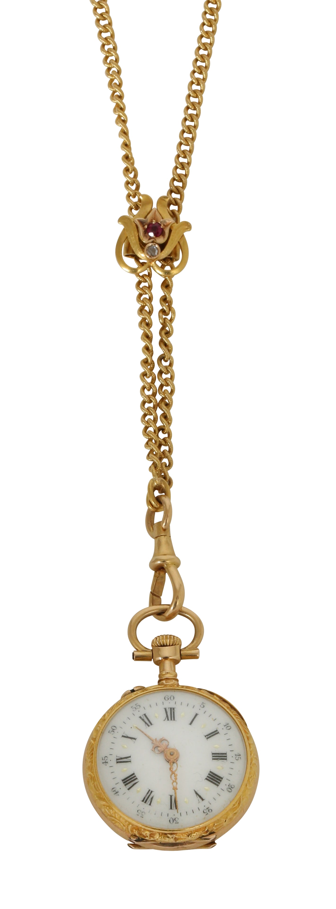 18K GOLD POCKET WATCH: Mechanical movement, diameter approx. 23 mm. 2 gold covers. Includes a long 18K gold chain with a kinetic element set with a small diamond and ruby. Total weight approx. 42 grams.