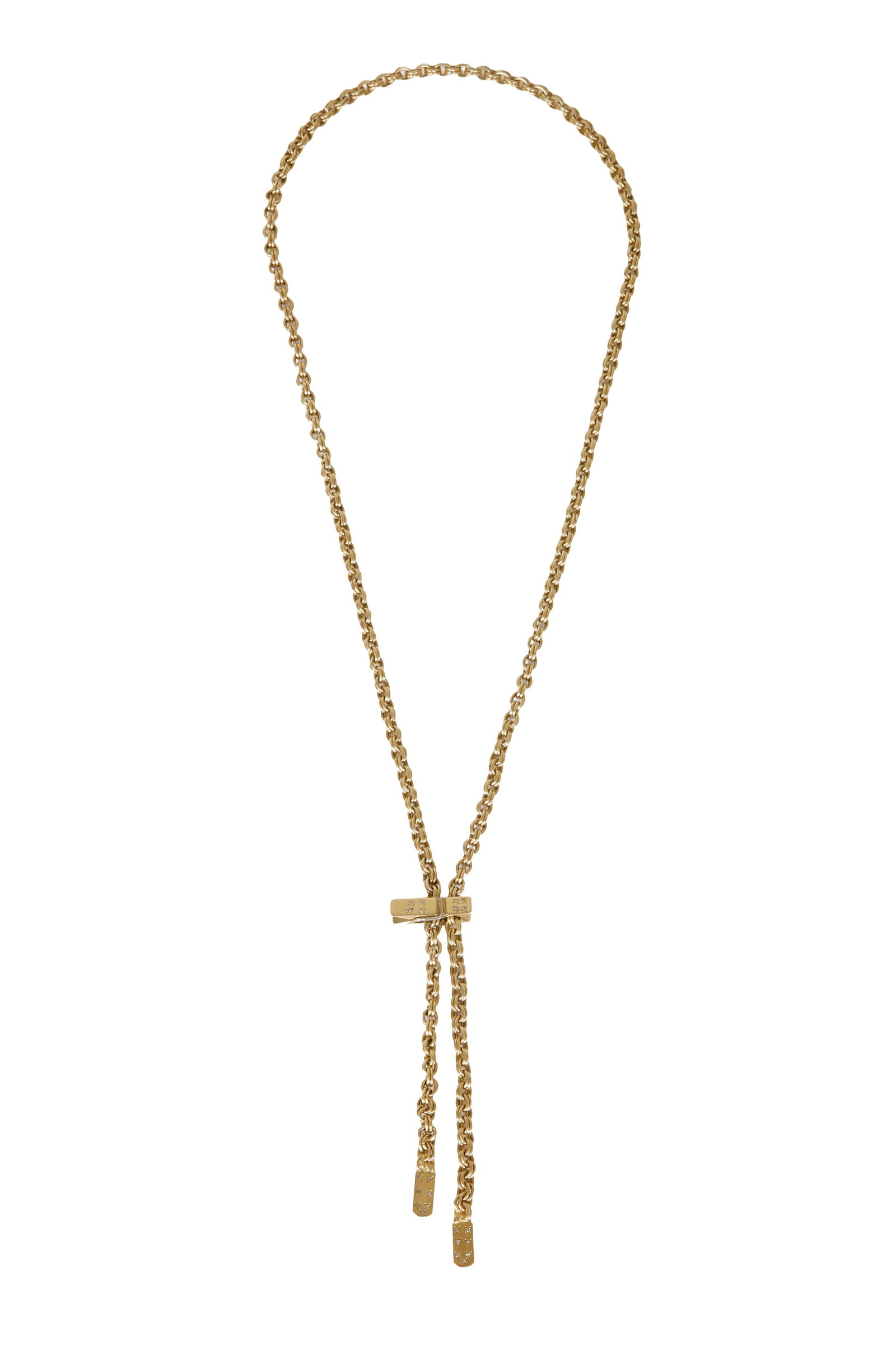 14K GOLD NECKLACCE: Necktie design. Interlocking links and a paperclip design clasp. Length approx. 70 cm. Weight approx. 44 grams.