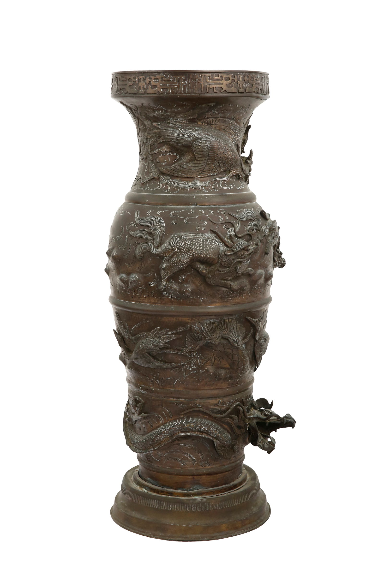 LARGE JAPANESE FLOOR BRONZE VASE, MEIJI PERIOD: Made of bronze, brass, and copper. decorated with high-relief and engraved applications of dragons, phoenix, various mythical creatures, celestial and marine motifs. the body of the vase is