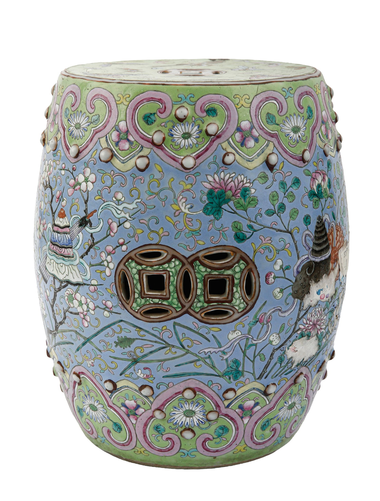 CHINESE GARDEN STOOL: Late qing dynasty, early 20th century. Porcelain. Famille verte. Decorated with butterflies, birds, fish, flowers, leaves, and additional natural motifs. Height: 32 cm.