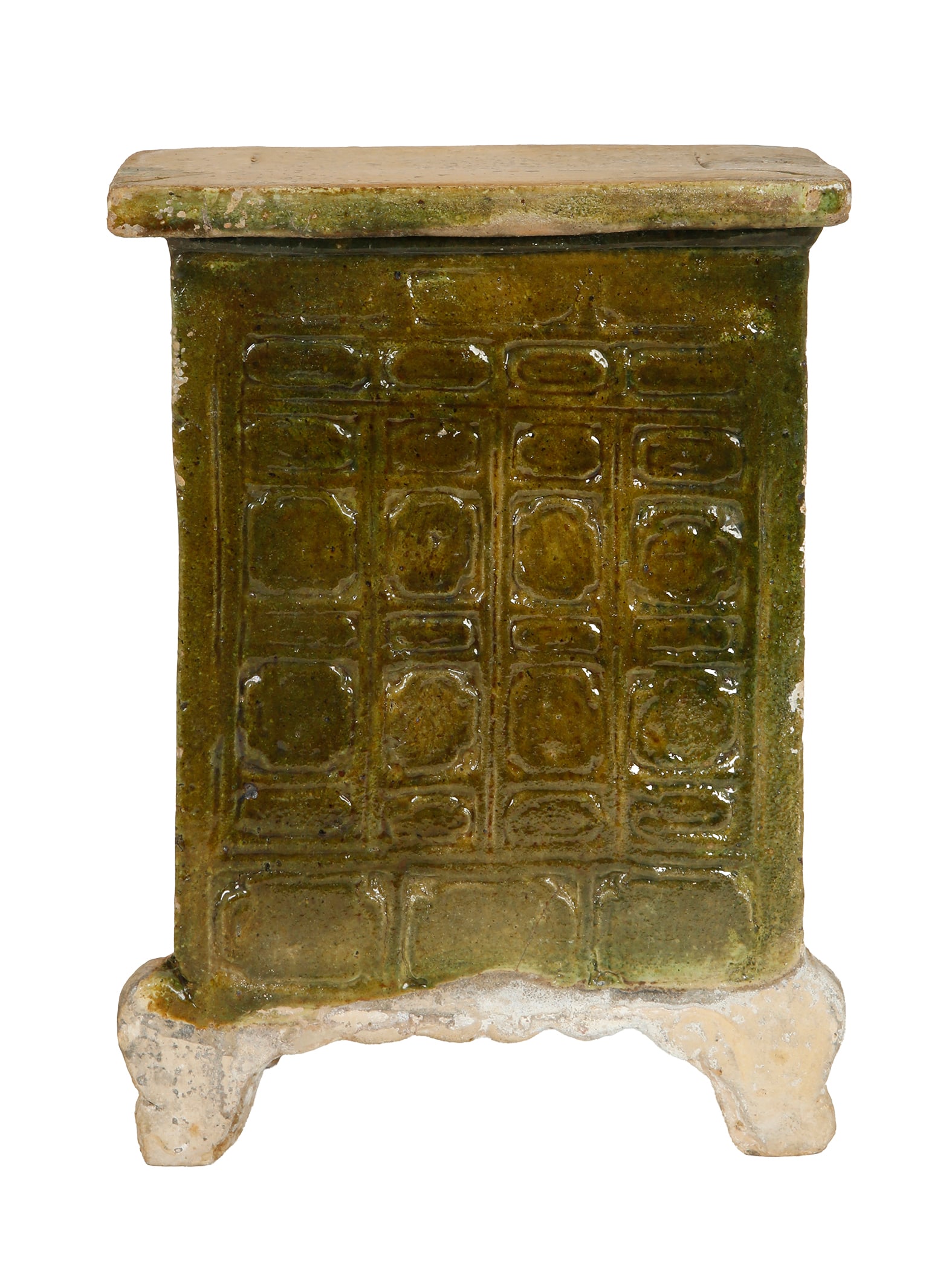 ANTIQUE CHINESE EARTHENWARE 'CLOSET' JAR: 16th century, ming dynasty. Decorated with partial green glaze. Used as a funerary offering accompanying the deceased. Height: 20 cm. Minor, barely noticeable restoration.