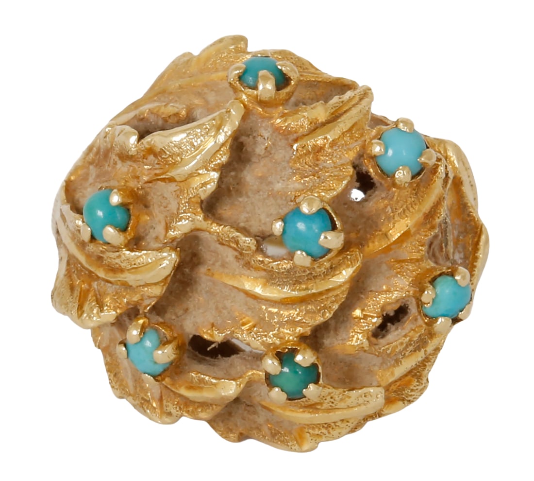 14K GOLD RING: Decorated with fine goldwork and set with old-cut diamonds and a center emerald. Size US 9. This ring is resizable. Weight approx. 8 grams.