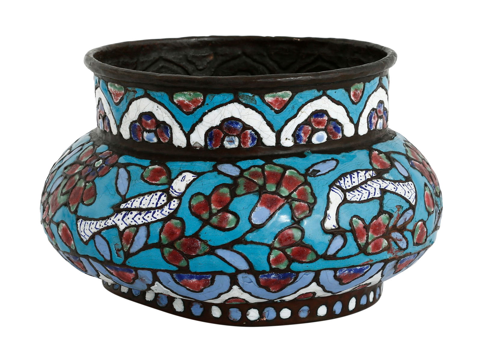 ANTIQUE COPPER AND ENAMEL BOWL: Syria, circa 1820. decorated with polychrome enamel depicting animals and flowers on a turquoise background. diameter: 25 cm. height: 15.5 cm. slight color flaking and minor dent.