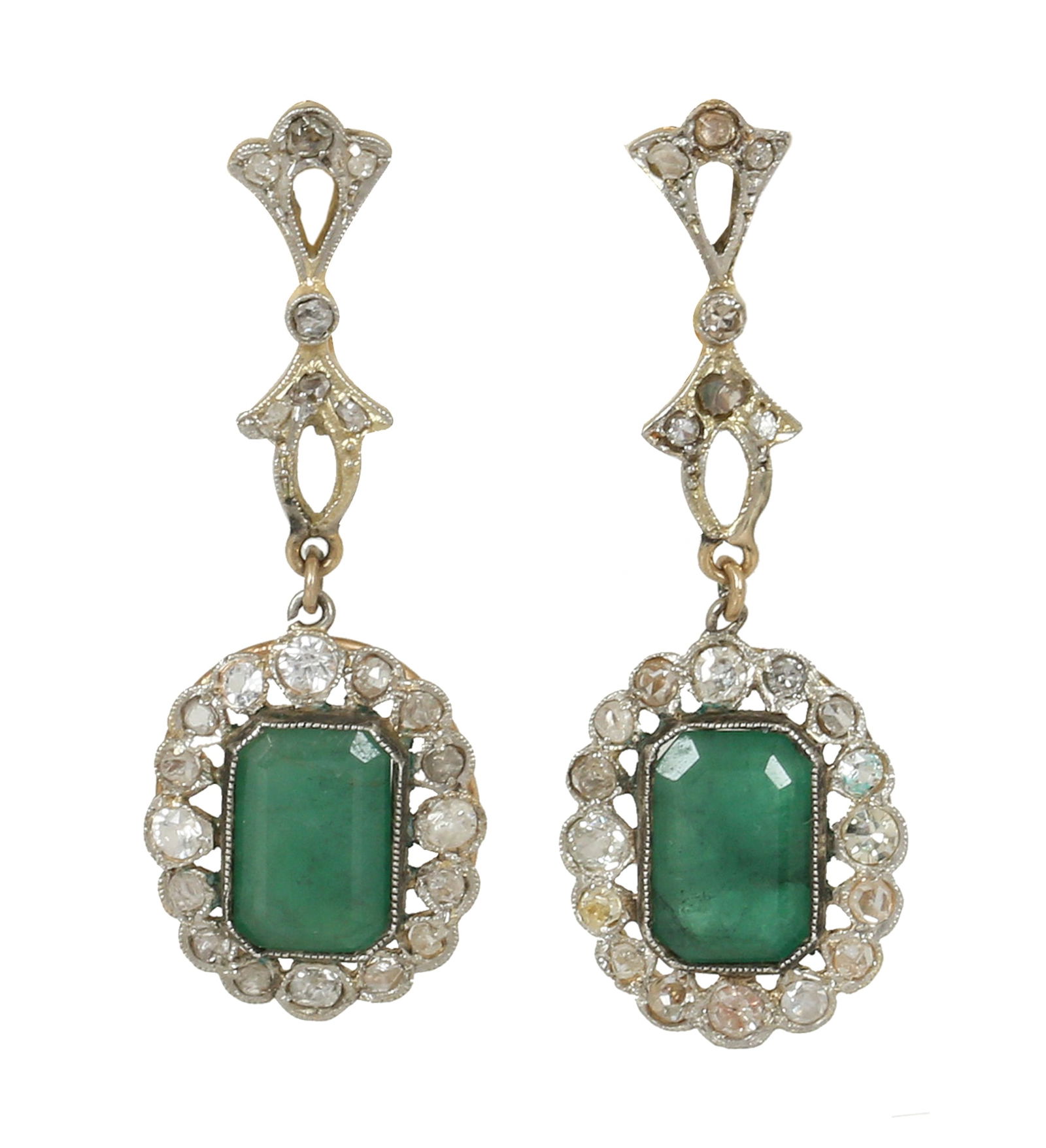 14K GOLD ANTIQUE EARRINGS: Set with diamonds and emerald stones. Length approx. 4 cm. Weight approx. 5.5 grams.