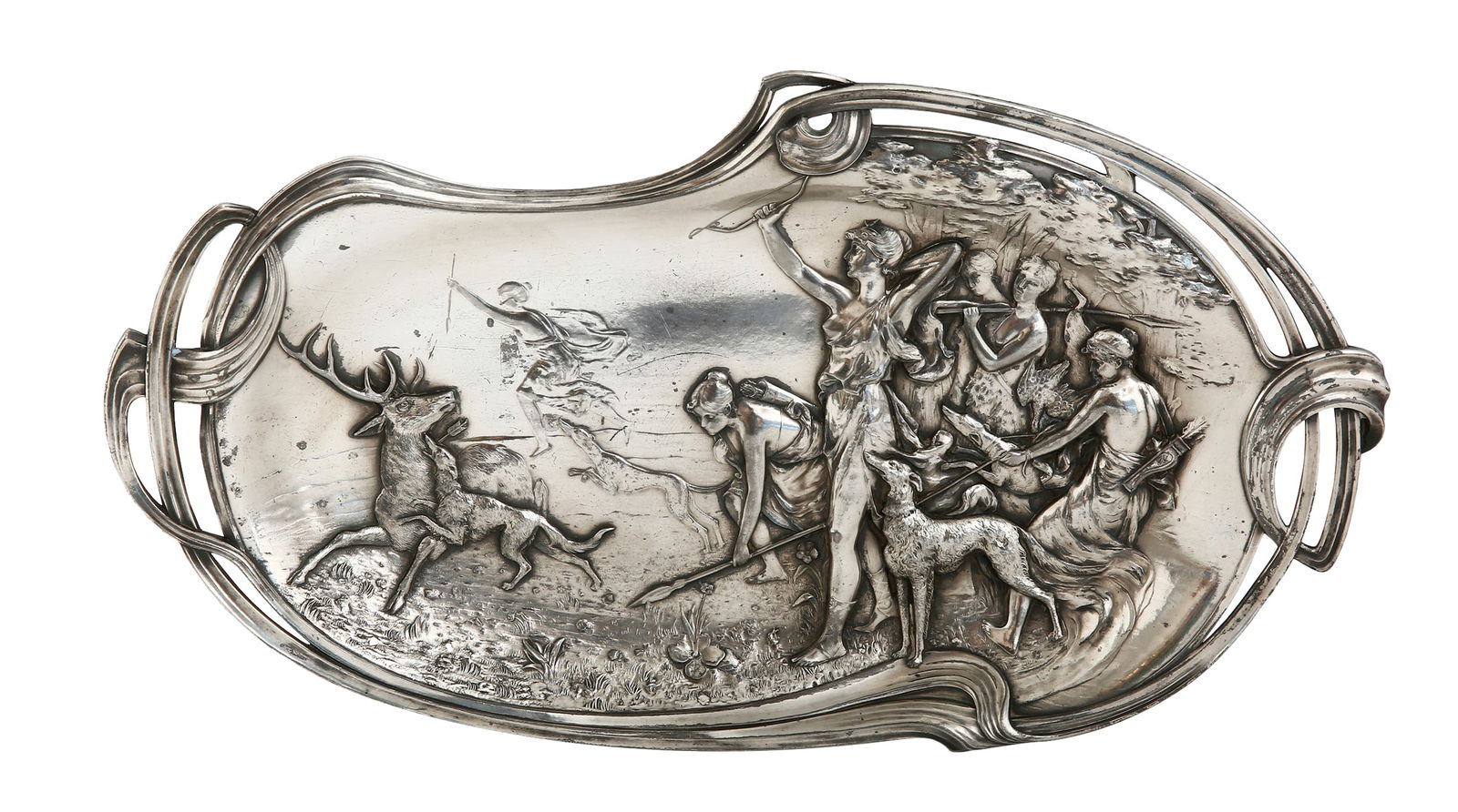 WMF. SILVER-PLATED PEWTER RELIEF: 1880–1925. visiting card tray decorated with a ballet scene of the hunt procession of the goddess diana. signed. width: 41 cm.