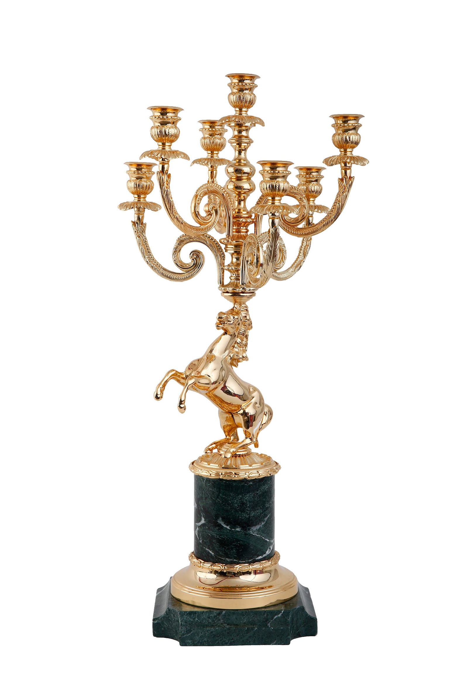 IBIAGI. ITALIAN ORMOLU BRONZE CANDELABRUM: In the form of a wild horse carrying seven candle branches. Made of bronze plated with 24K Gold. Set on a green marble base. Massive. Height: 62 cm. A new and luxurious item from the prestigious desig