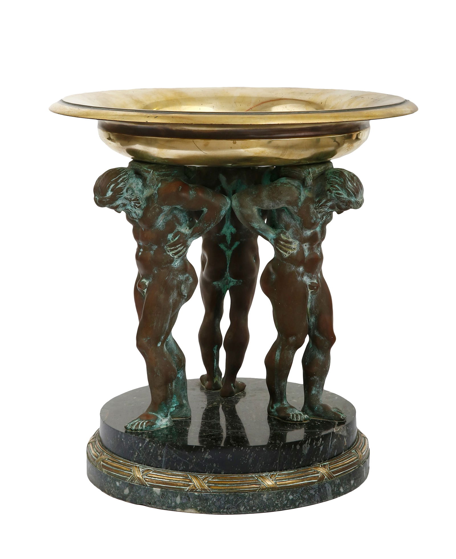 ITALIAN BRONZE TAZZA: End of the 19th century. Grand Tour period. made of bronze depicting the three titans carrying a bowl on their backs. set on a round green marble base with a gilt band. massive. height: 40 cm. bowl di