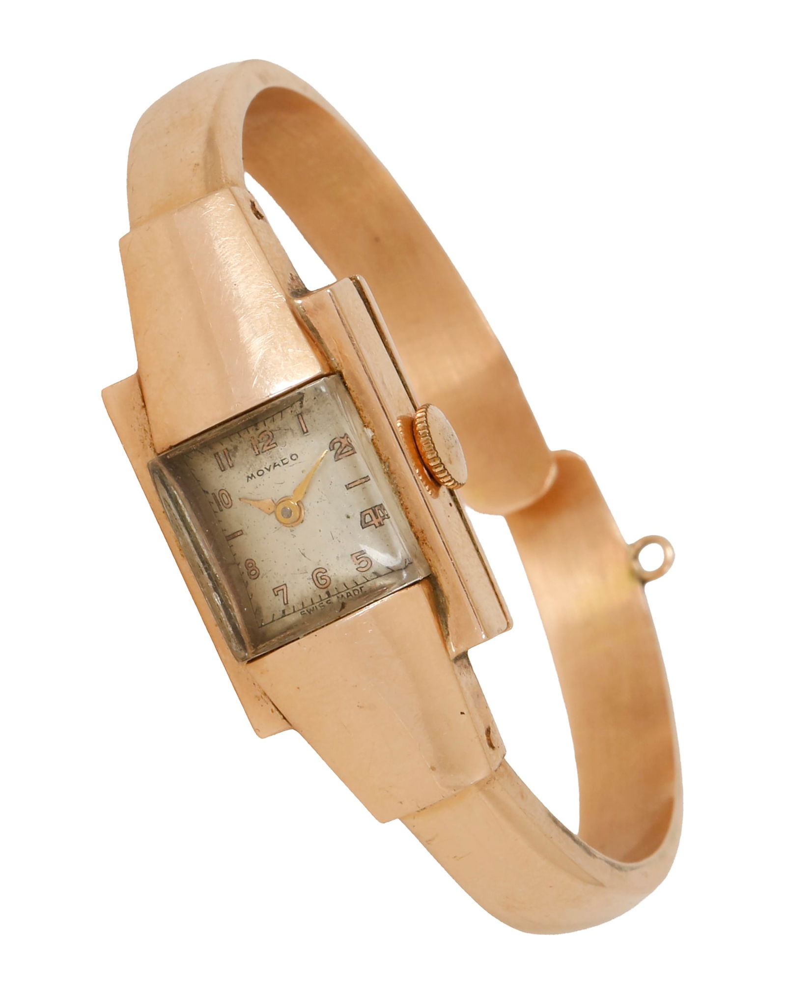 MOVADO 14K GOLD WRISTWATCH: Mechanical mechanism, dimensions approx. 14X21 mm. 14K Gold spring cuff Bracelet. Weight approx. 17 grams