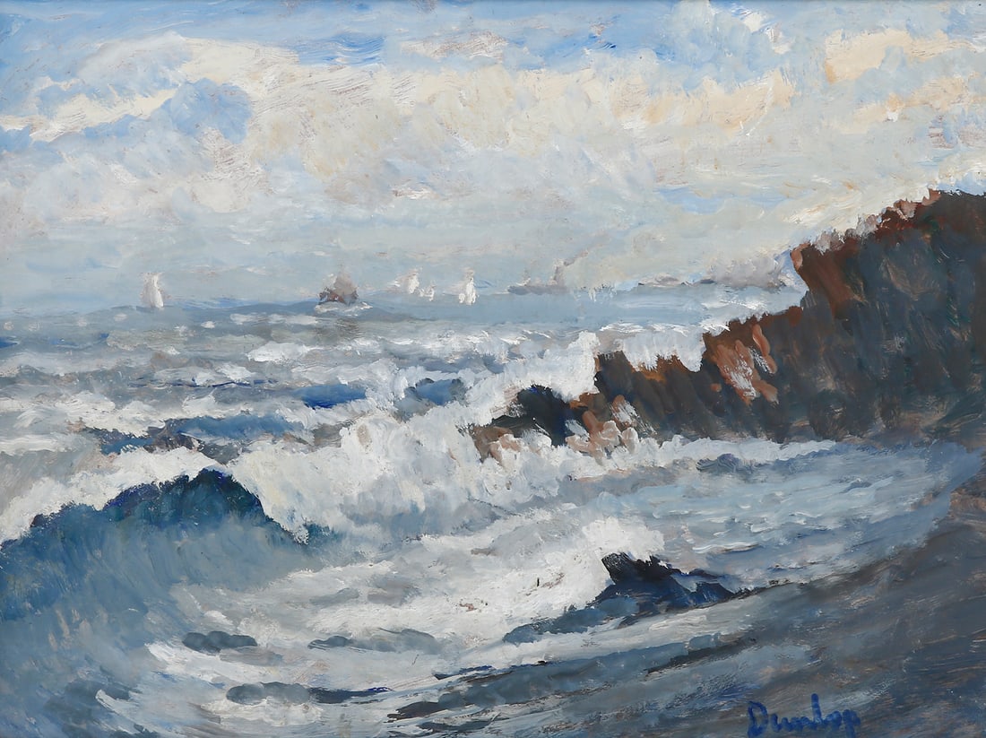 RONALD OSSORY DUNLOP (1894–1973) – SEASCAPE: Oil on masonite. Signed. Dimensions: 29 × 39 cm.