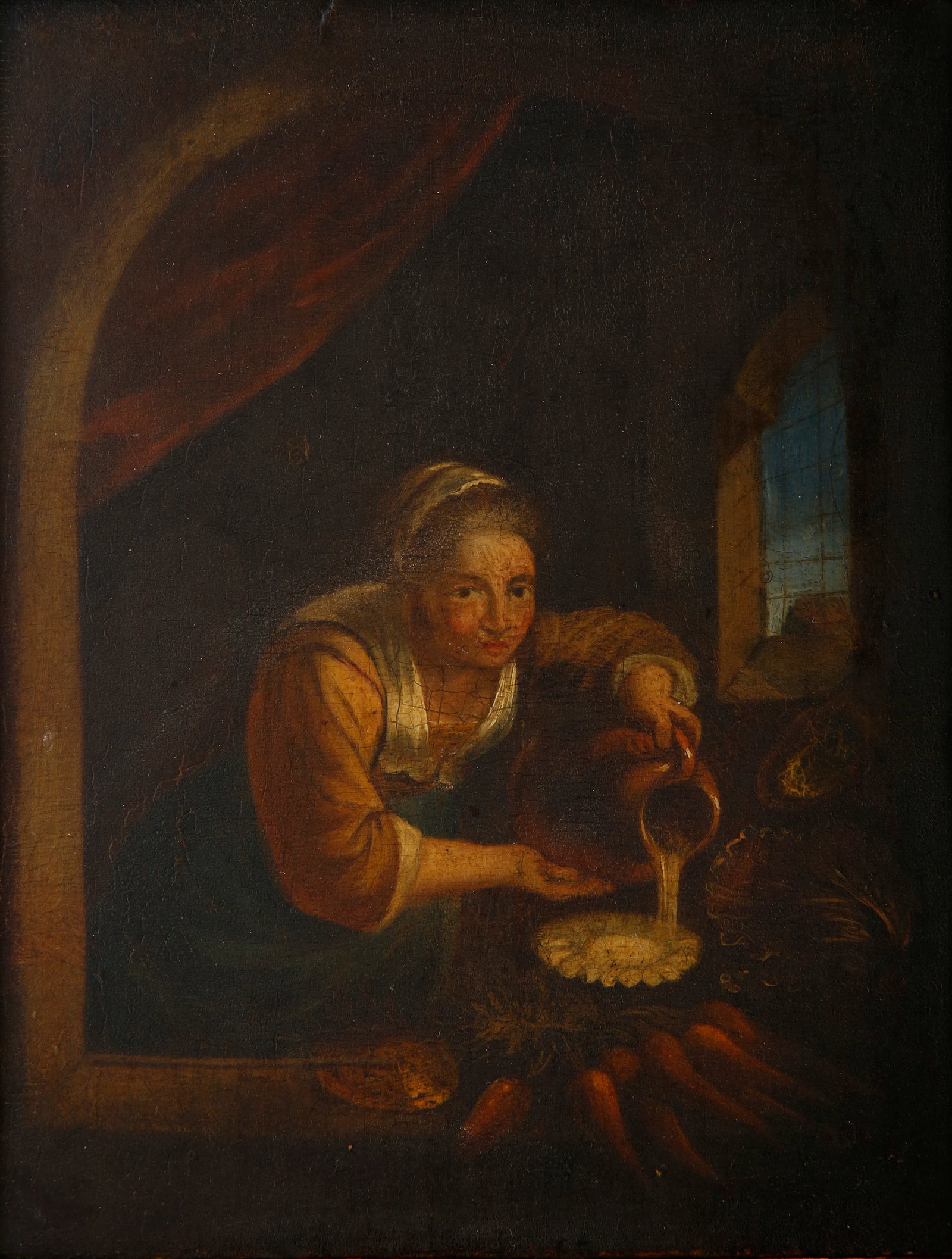 UNKNOWN ARTIST – WOMAN IN THE KITCHEN: 18th century. Oil on wooden panel. Dutch Golden Age style. Dimensions: 25.5×19 cm