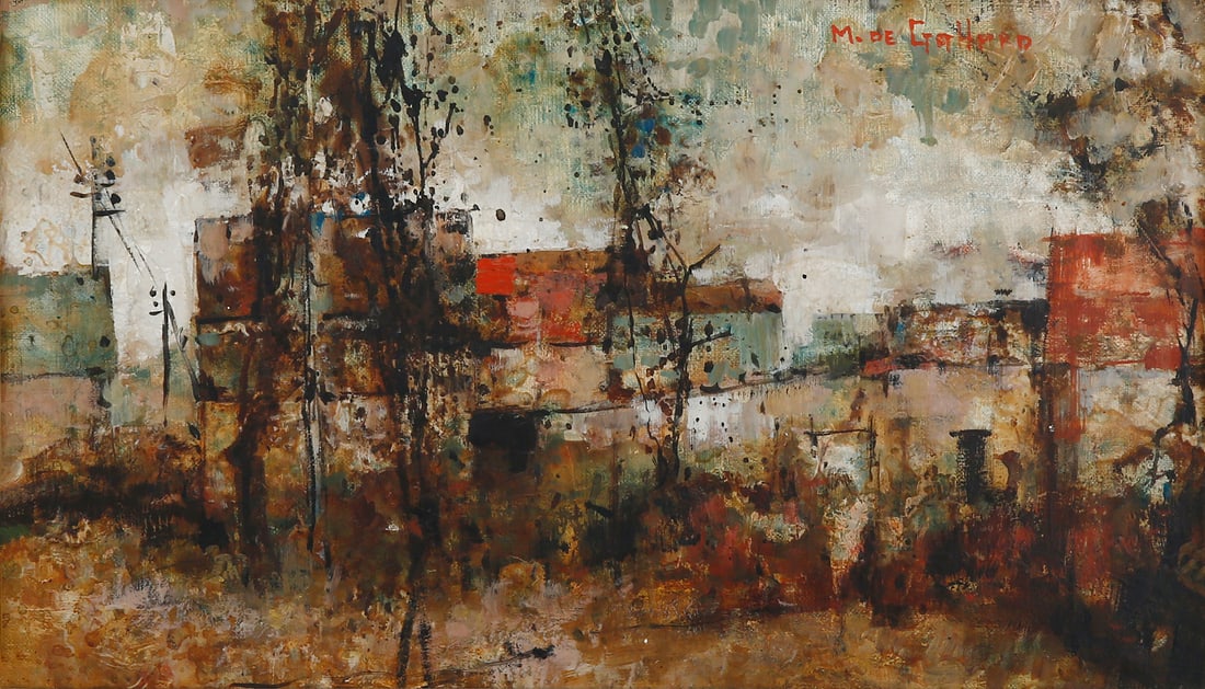 MICHEL DE GALLARD (1921–2007) - LANDSCAPE: France. Oil on canvas, signed. Dimensions: 22.5 × 40 cm. Gallard was a member of the “Paris School” and founder the Anti-Abstract Art Group "L'homme Temoin" Bought at 'The Lefevre Gallery', L