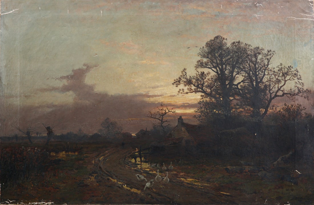 J. SEYMOUR ADAMS (1883–1888) - TWILIGHT: Late 19th century. Oil on canvas. English School. Unframed. Signed and dated. A relatively large work compared to his usual compositions. Dimensions: 60 x 92 cm. Several defects.