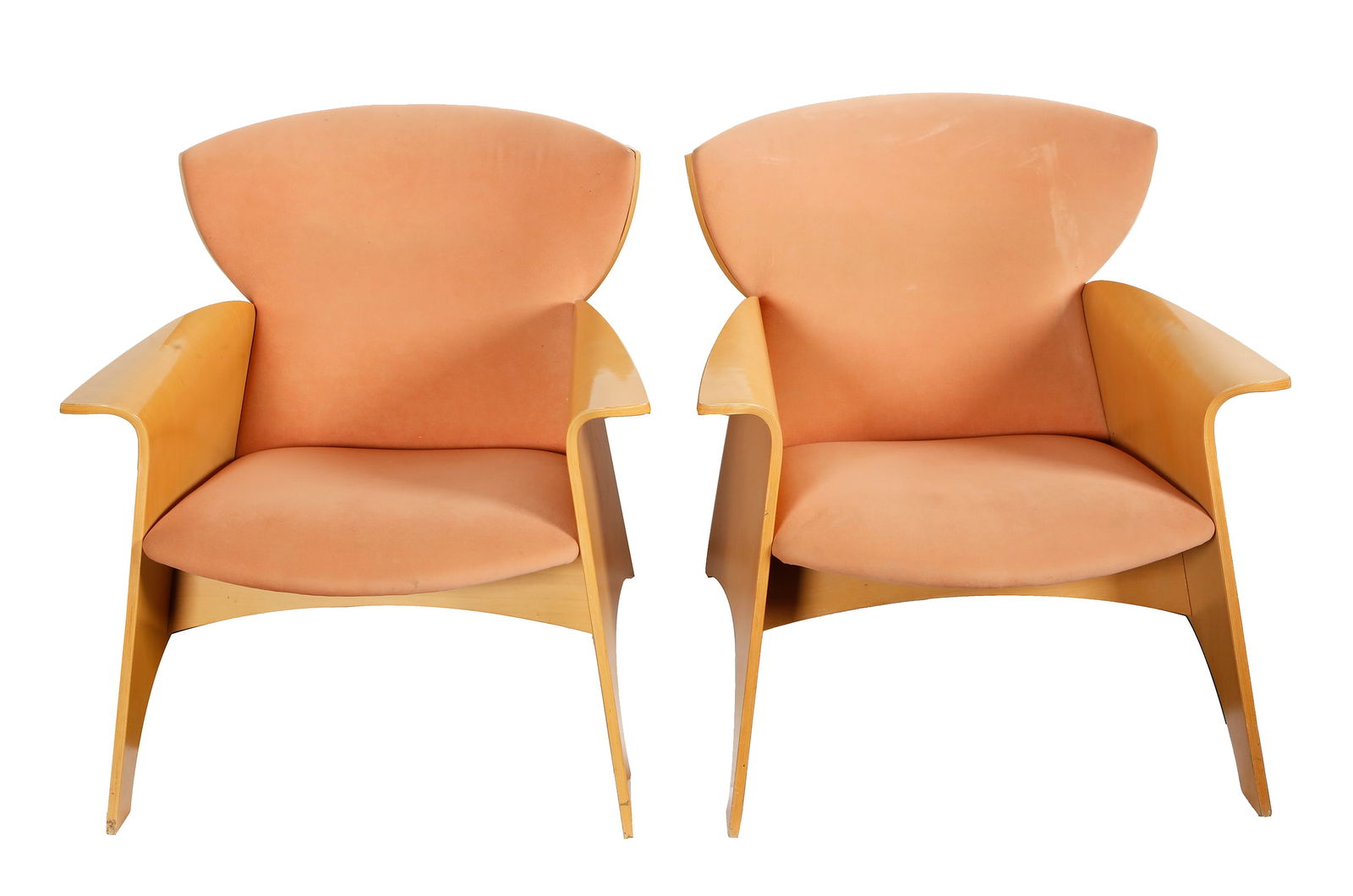 FEDERICO GINER. PAIR OF SPANISH LOUNGE ARMCHAIRS: 1991. From the Antares series. Made of wood and fabric. Designed by Ximo Roca. Height: 79 cm. Overall depth: 81 cm. Width: 77 cm.