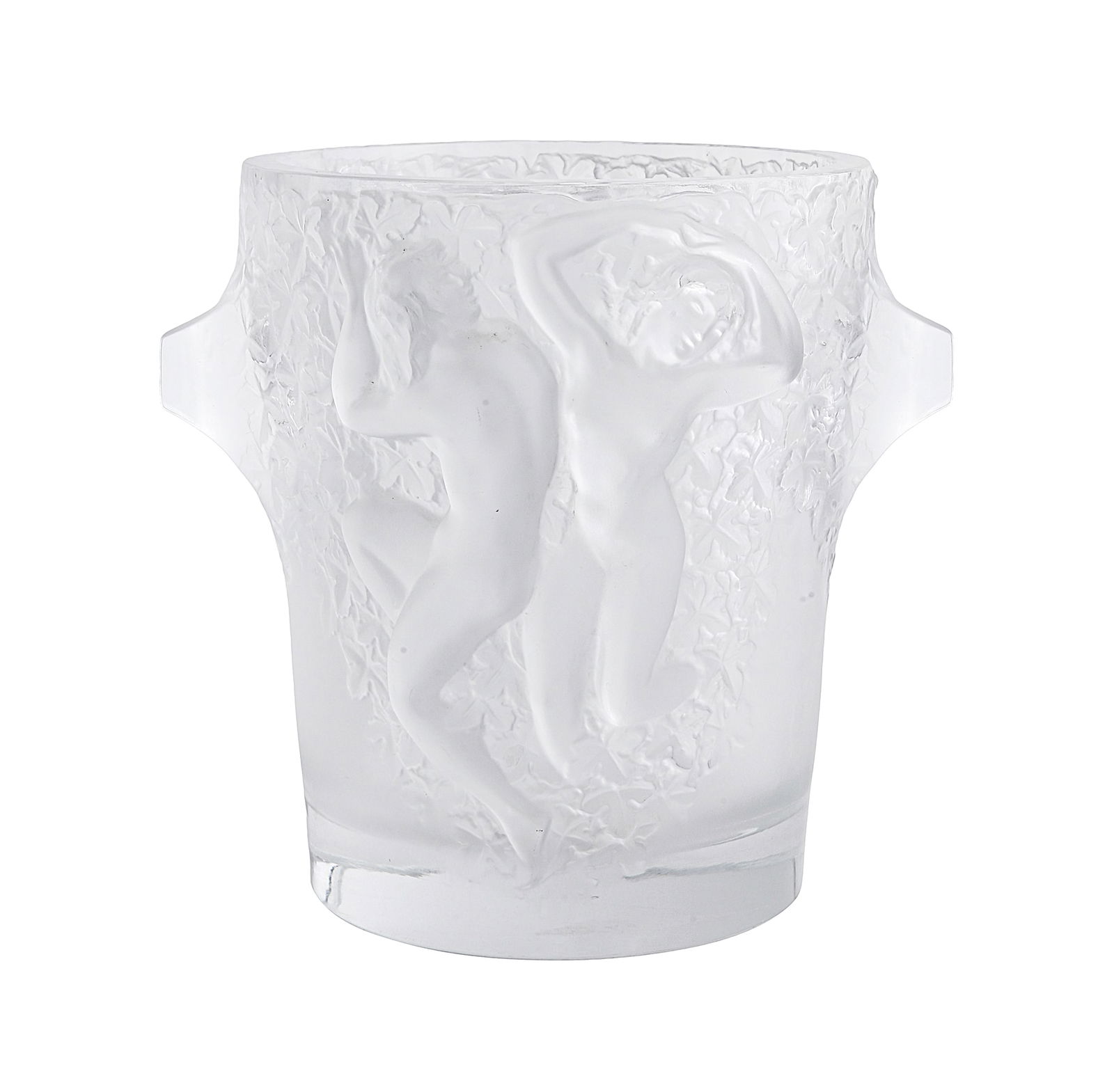LALIQUE. FRENCH CRYSTAL CHAMPAGNE BUCKET,: 'GANYMEDE'. Ice bucket for champagne and wine, decorated with reliefs of nude dancing women alongside grape leaves on a frosted glass background. Designed by Marc Lalique 1948. Height: 23 cm. Minor im