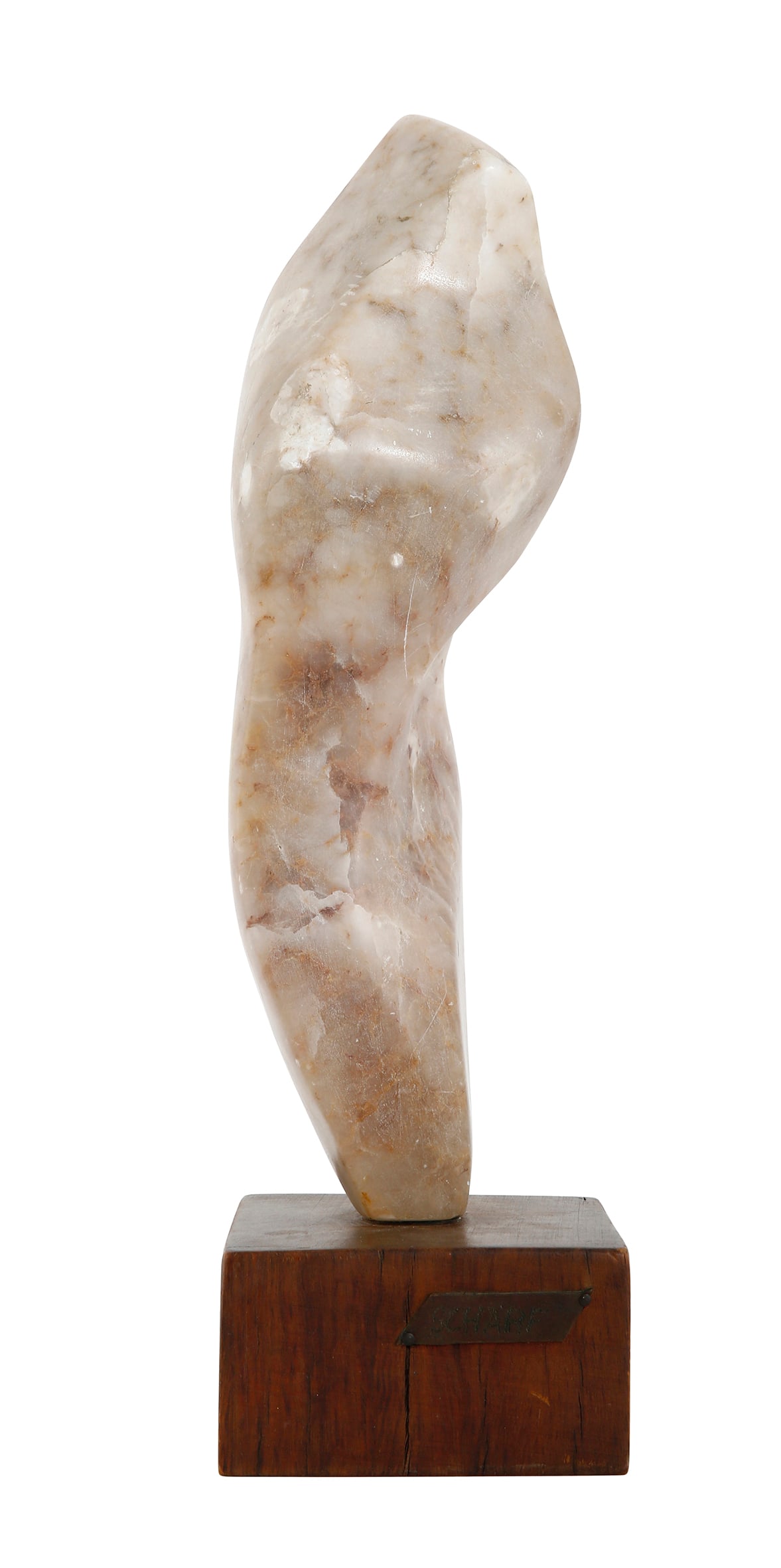 REUVEN SHARF – “BULKY WOMAN??, MARBLE SCULPTURE: Mounted on a square wooden base. Features a signed metal plaque. Total height: 43 cm.