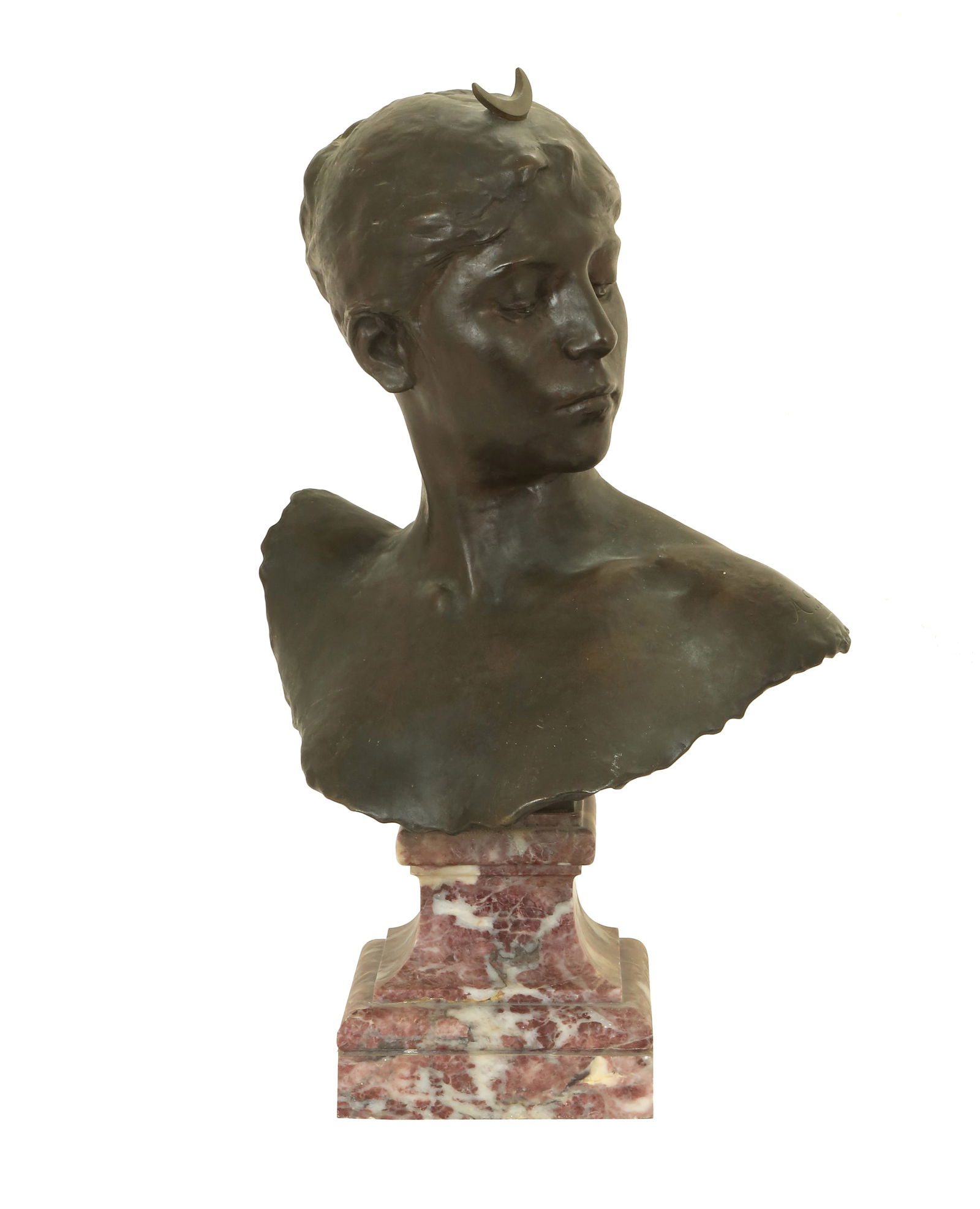 ALEXANDRE FALGUIERE (1831–1900) - DIANA: French bronze protome, 19th century. Black-toned patina. Set on a purple marble base. Signed and foundry stamp. Height: 60 cm.