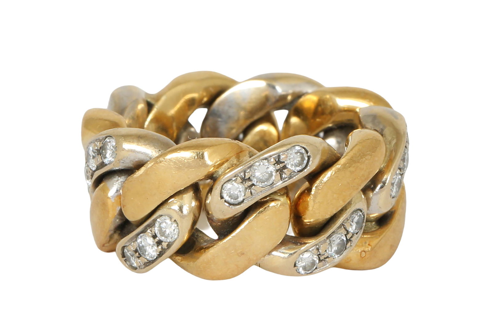 18K GOLD FLEXIBLE RING: Composed of Gold links and diamond-set links (one diamond is missing). Size US 5.5. Weight approx. 19 grams.