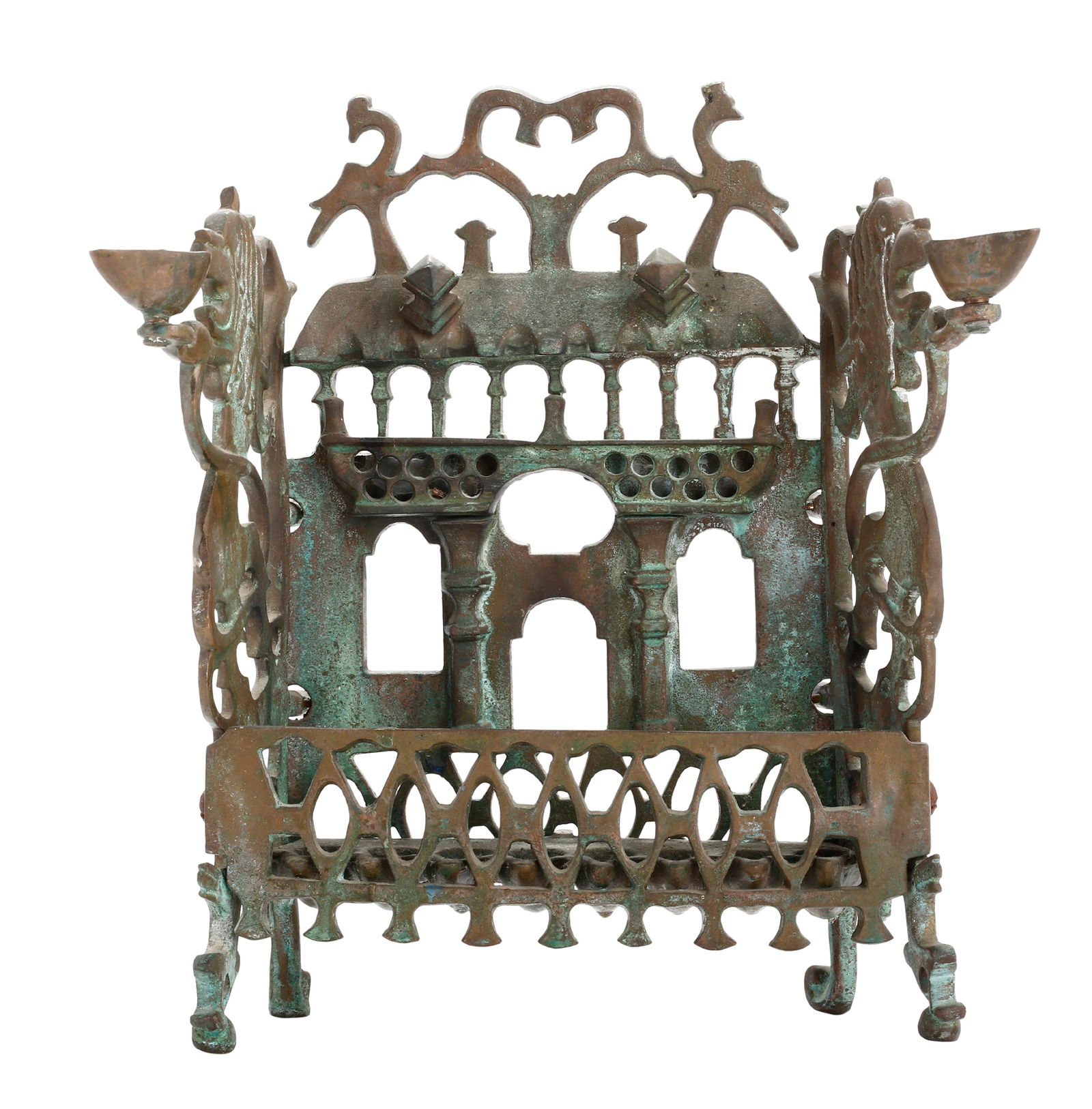 POLISH BRONZE MENORA: 19th century. Equipped with two holders for Shabbat candle lighting. Natural patina. Height: 29 cm