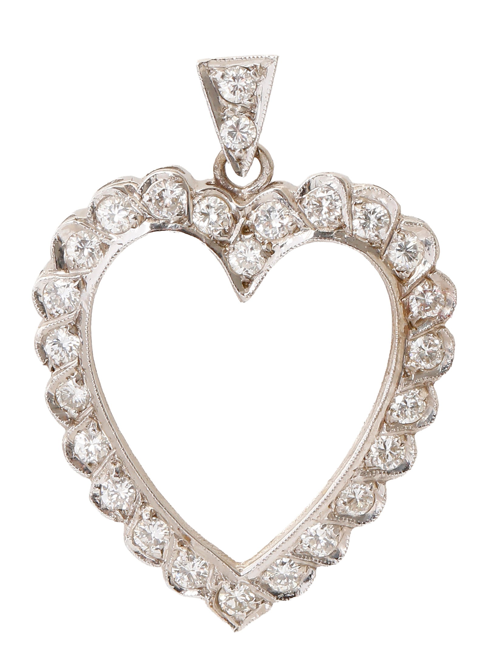 14K WHITE GOLD PENDANT: Heart design. Set with diamonds with a total weight of approx. 1.50 ct. Dimensions approx. 3.8x2.7 cm. Weight approx. 3.8 grams.