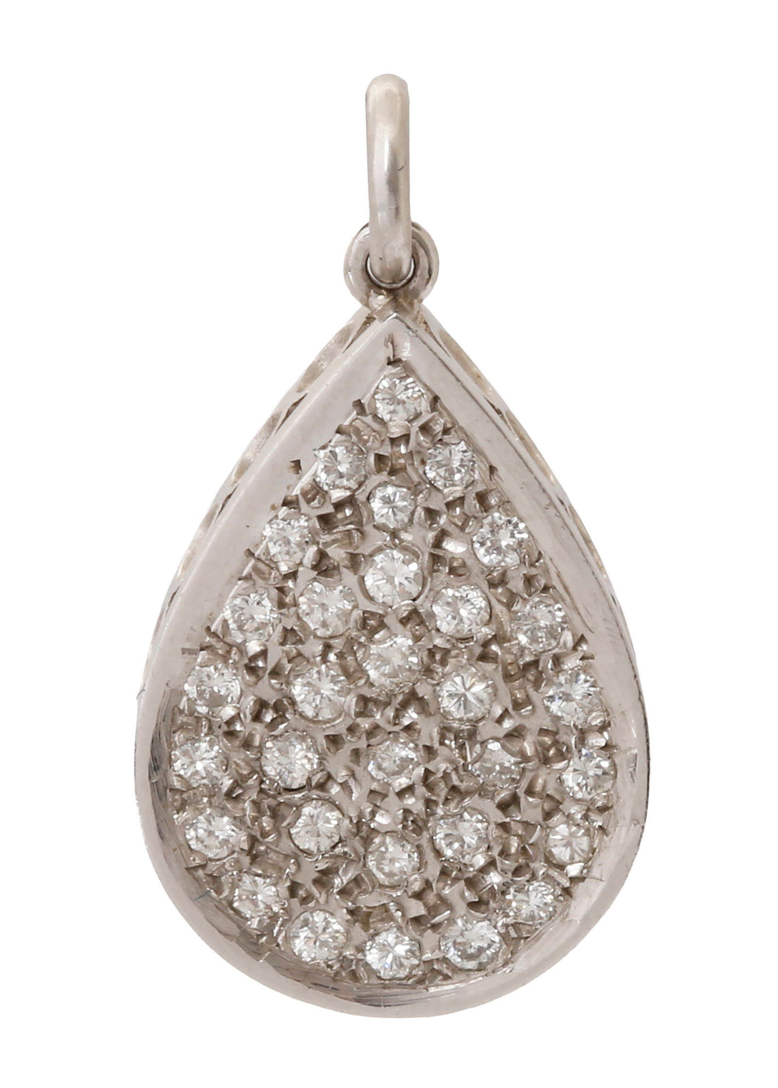 14K WHITE GOLD PENDANT: Pear shape pattern. Set with diamonds with a total weight of approx. 0.55 ct. Length approx. 2.2 cm. Weight approx. 3 grams.