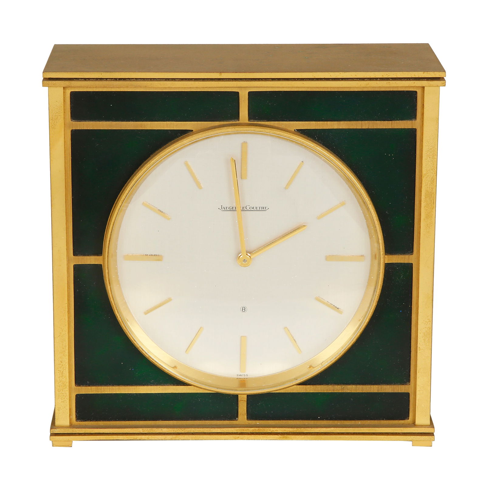 JAEGER LE COULTRE, 8-DAY SQUARE CLOCK: Gilded metal and plaques in green on the front and sides of the clock. Height: 15.5 cm. In working condition.