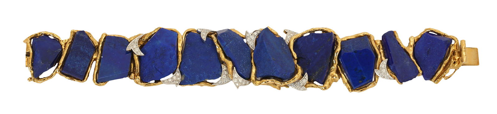 PIAGET 18K GOLD BRACELET: Composed of Gold links set with free-cut lapis lazuli stones and set with small diamonds. Length approx. 18.5 cm. Weight approx. 118 grams.