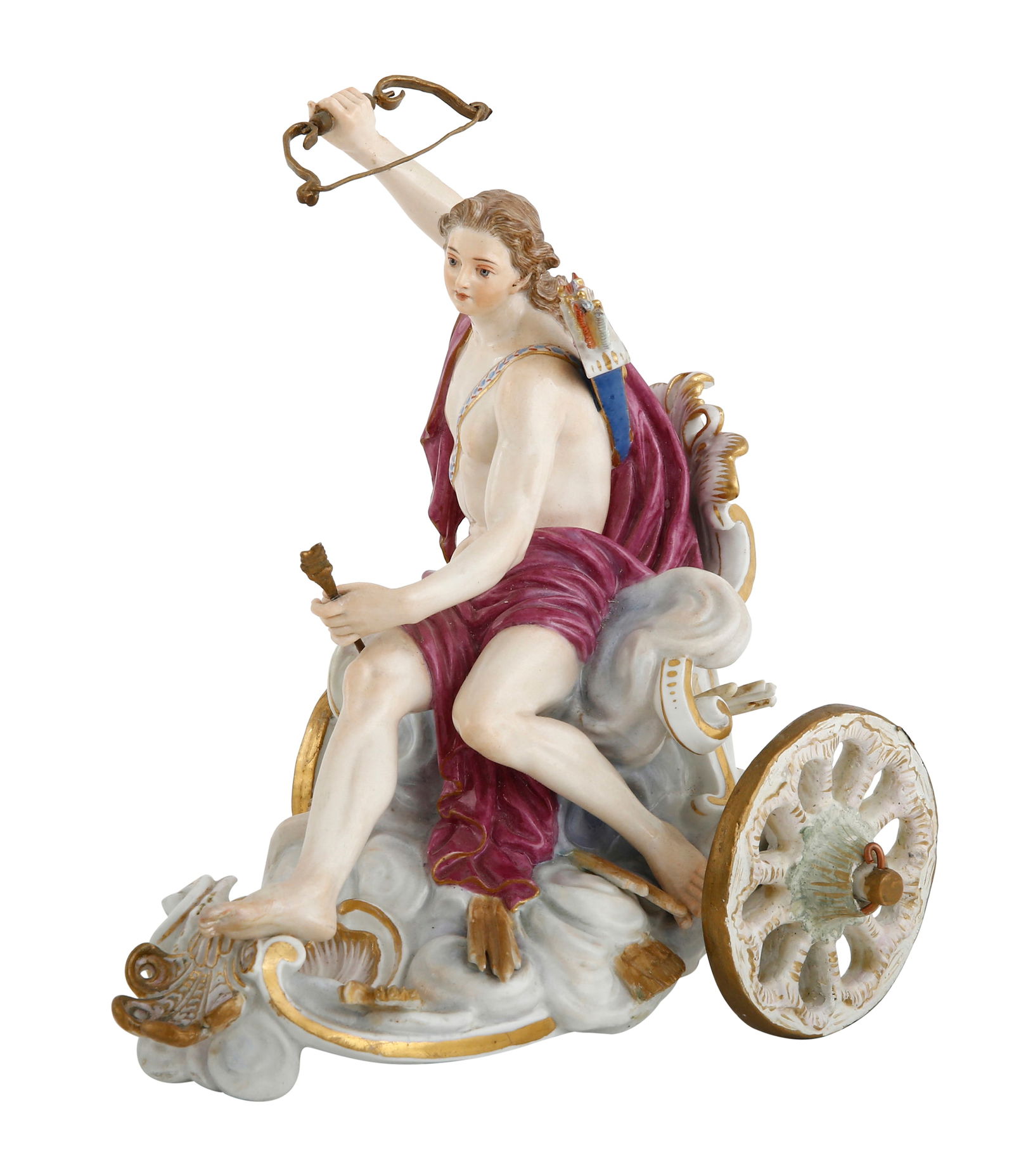 MEISSEN - 'APOLLO', PORCELAIN FIGURINE: Late 19th century. Figure of apollo in a cloud and lightning chariot, holding a bow and arrow with quiver on his back. Decorated with polychrome enamel and Gold in neo-rococo style. Signed and numbere
