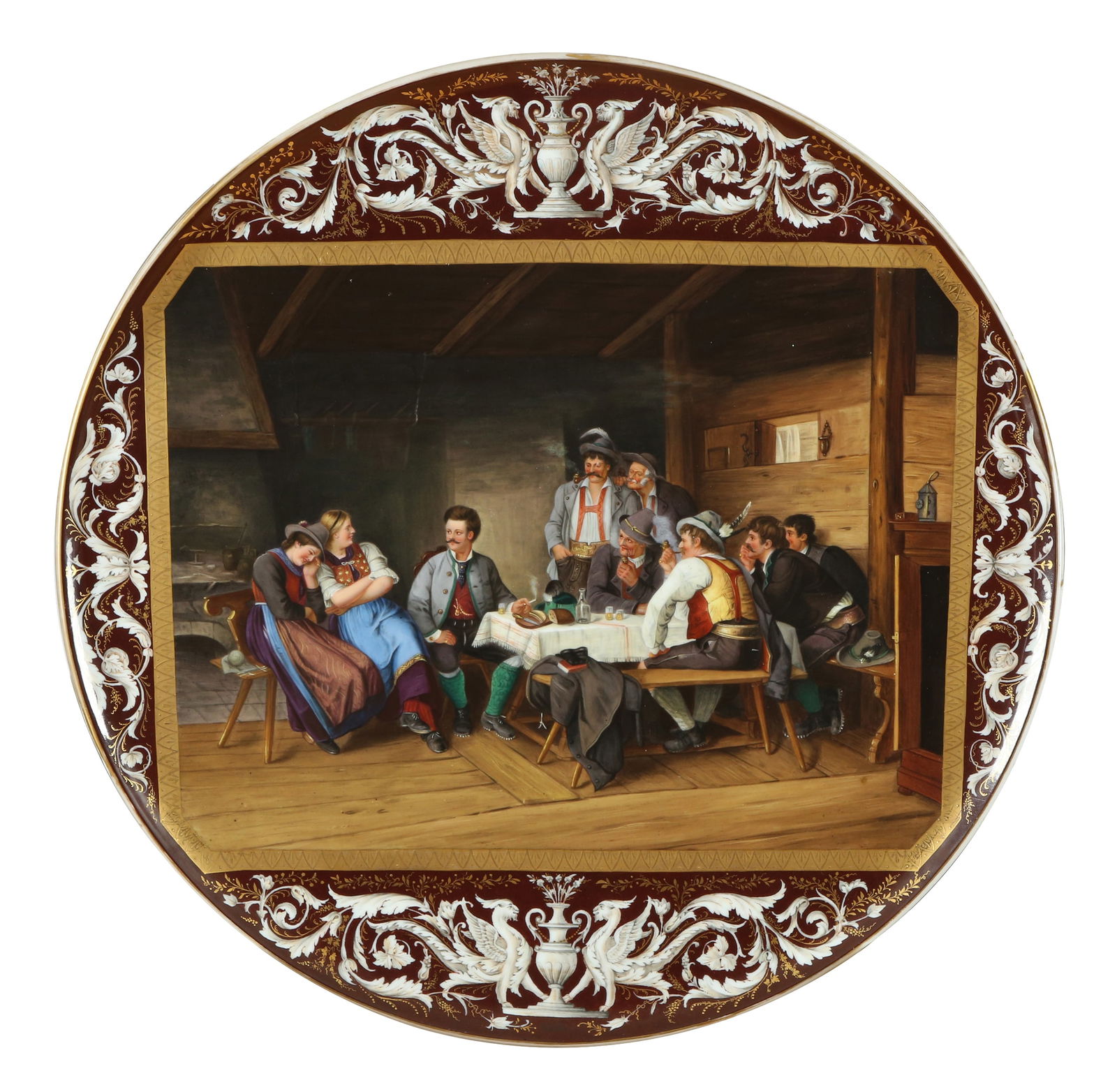 VIENNA. A GERMAN PORCELAIN PLATE - DER SALONTIROLER: Circa 1900. A large-scale plate, decorated with an impressive hand-painted scene after the 1882 painting by Franz von Defregger (Germany, 1835–1921). Embellished in the Neo-Renaissance style with fa