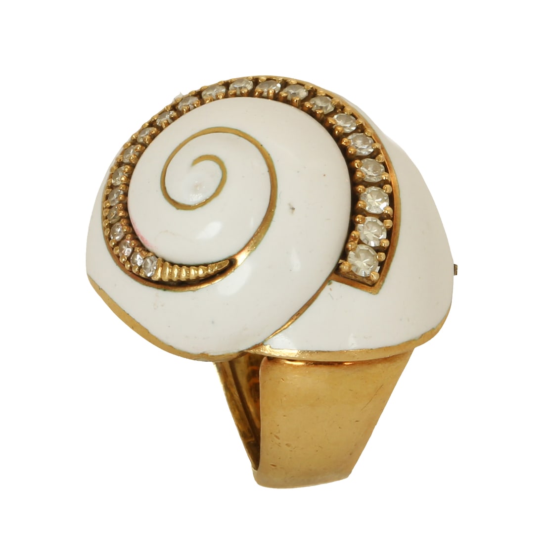 DIOR 18K GOLD RING: Snail pattern, decorated with enamel work and set with graduated diamonds. Size US 4.5. Weight approx. 22 grams.