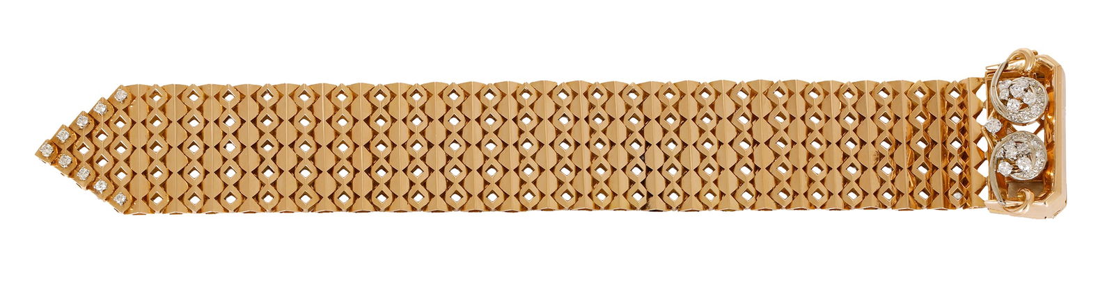18K GOLD RETRO BRACELET: Belt-style design. Decorated with stunning Goldwork and set with diamonds. Approx. 22 cm in length. Adjustable size. Weight approx. 101 grams.