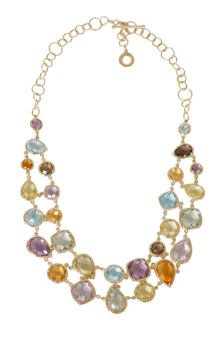 14K GOLD NECKLACE: Composed of links set with citrines, green and purple amethysts, and topazes in various colors alternately. Stunning Gold work. Length approx. 46 cm. Weight approx. 55.5 grams.