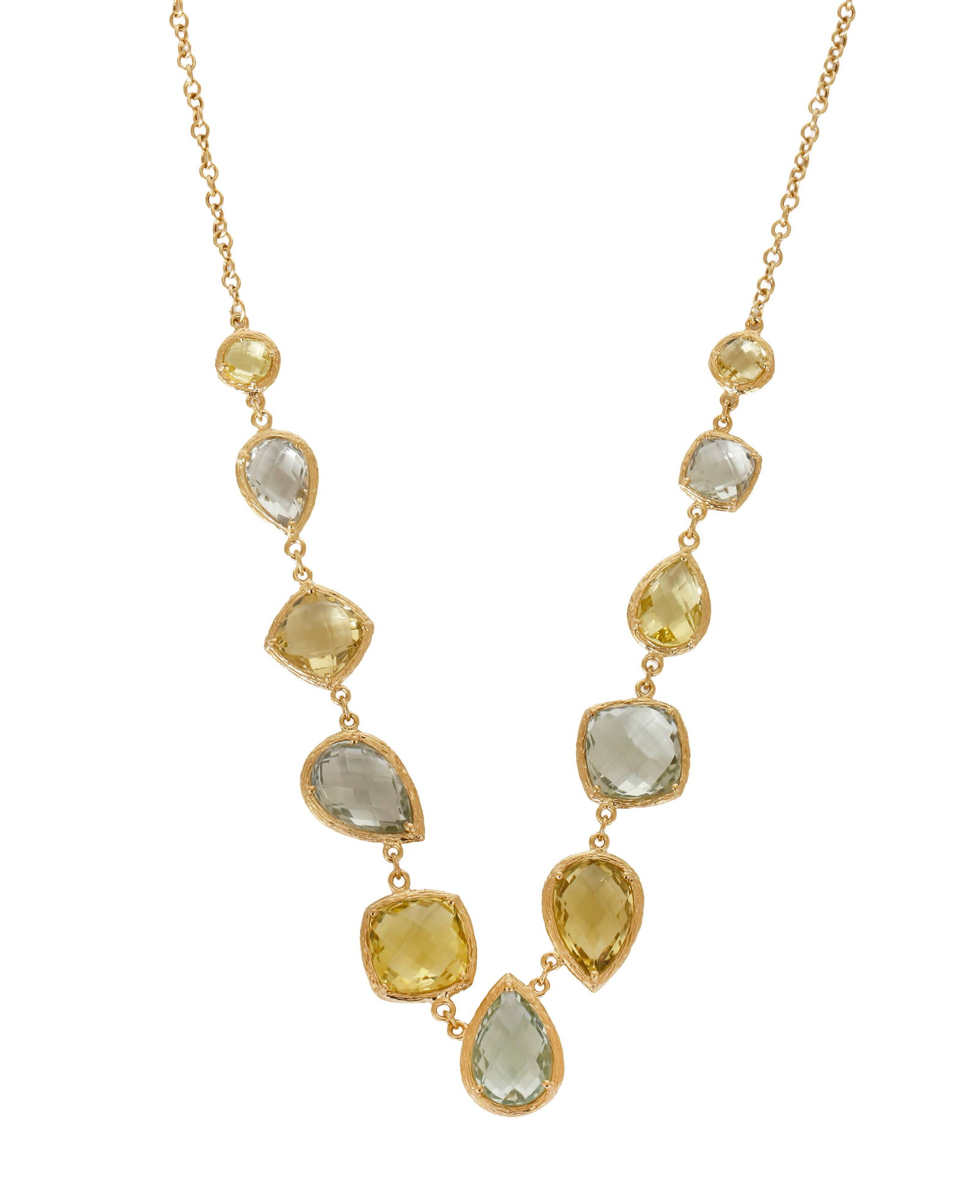 14K GOLD NECKLACE: Set with green amethysts and lemon-topaz alternately. Length approx. 47 cm. Weight approx. 21 grams.