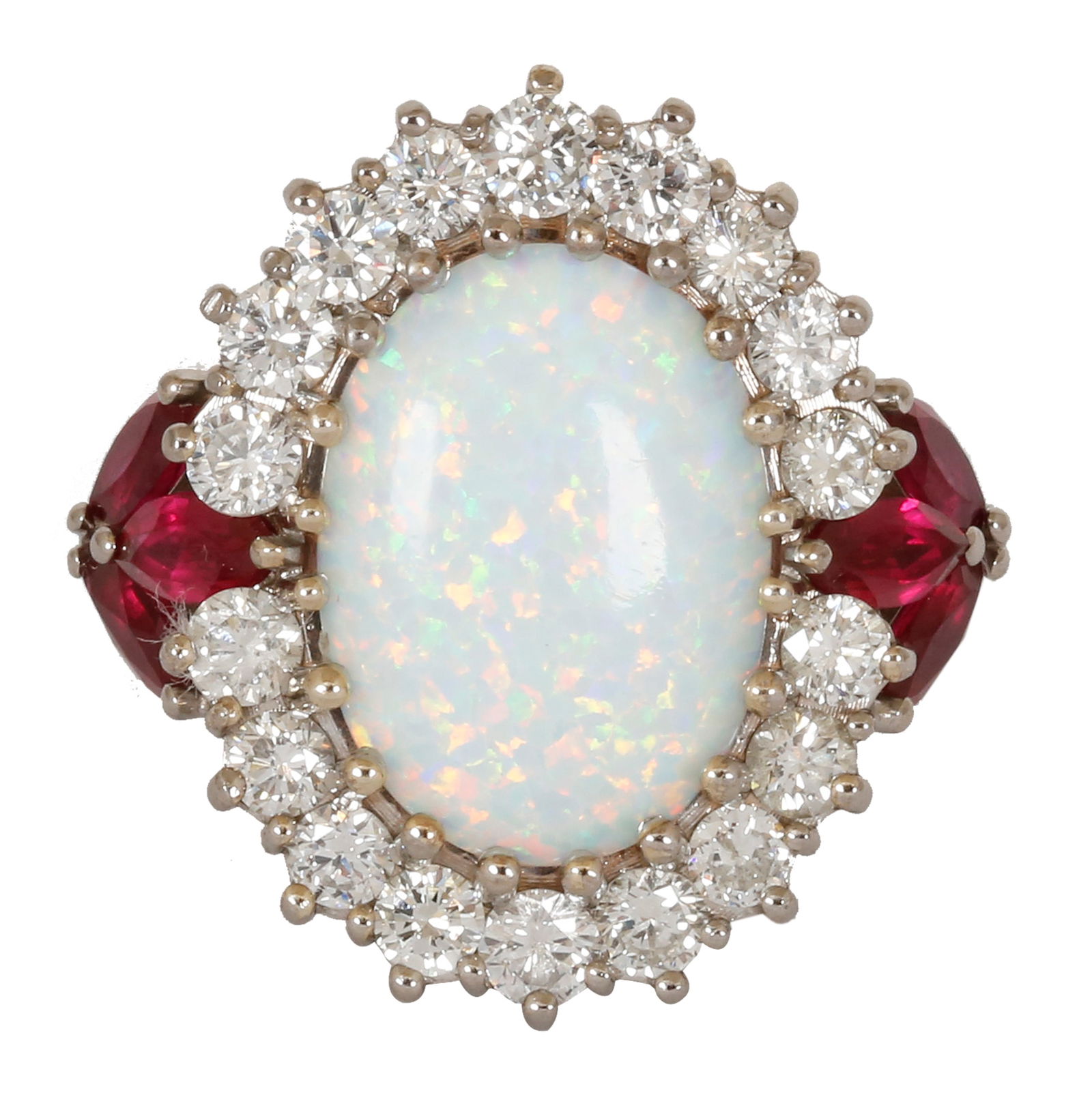 18K WHITE GOLD RING: Frame set with diamonds weighing approx. 2.50 cts. and ruby stones and a large oversized opal in the center. Size US 7.75. This ring can be resized. Weight approx. 22 grams.