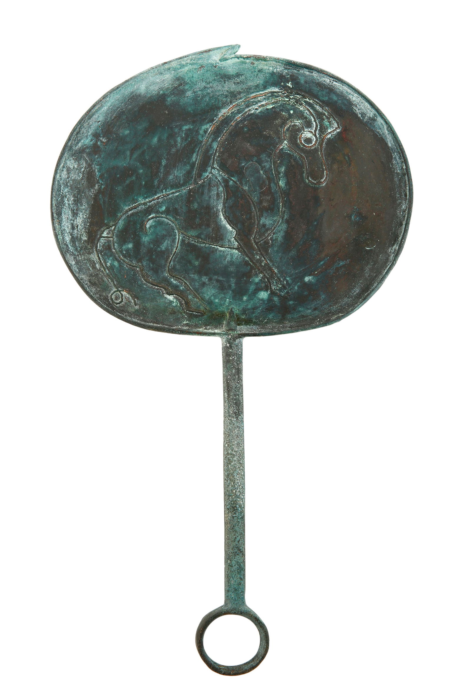 AMLASH ART - BRONZE MIRROR: Auro-Asia. 4th-6th century bc. Cast elliptical bronze mirror. 2,500 years old circa, probably Scythian. Decorated with delicate relief of a horse rearing on its hind legs and a handle with a loop at t