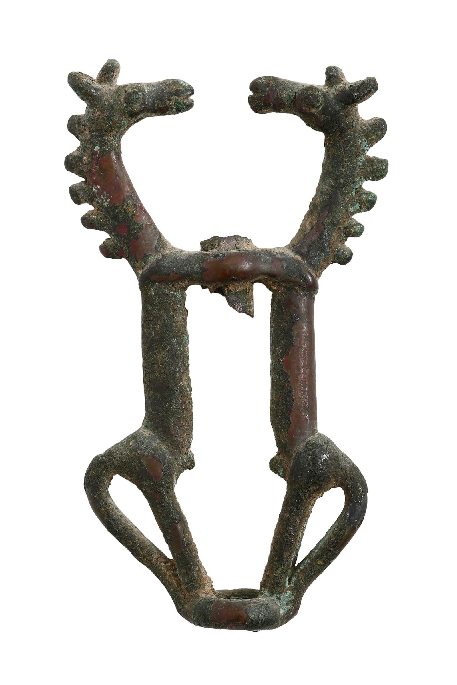 LURISTAN BRONZE - ANIMAL FINIAL WITH RINGS: Luristan (western Iran), 8th–13th centuries BCE. Bronze, depicting two entwined horses. Height: 8.5 cm. A similar Luristan piece can be found in the Nasli M. Heeramaneck Collection of Near and Ancie