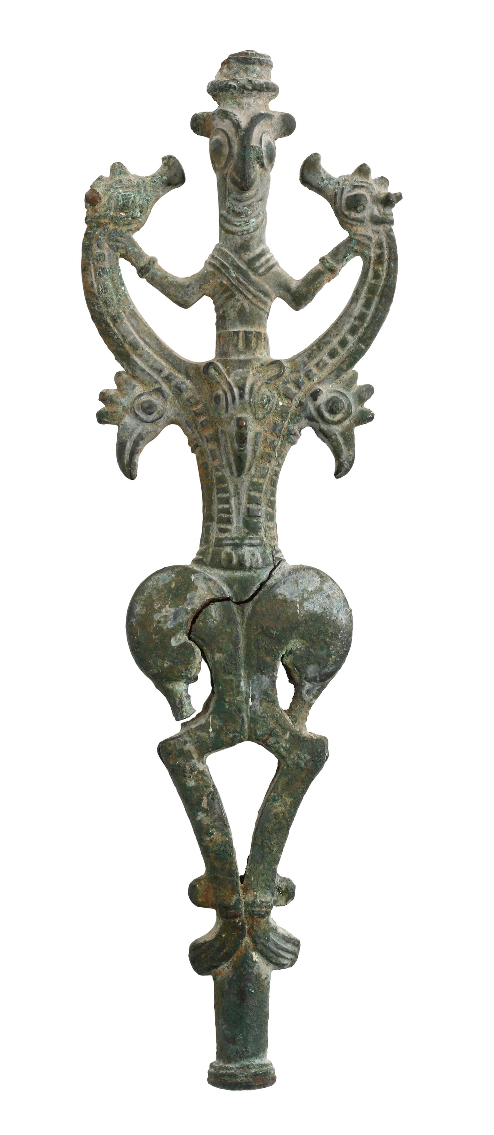 LURISTAN BRONZE - 'MASTER OF ANIMALS STANDARD' - ZOOMORPHIC FINIAL: Luristan (western Iran), 6th–10th centuries BCE. Bronze, depicting an anthropomorphic figure surrounded by animal necks and heads. One of the distinctive canonical types of Luristan bronze. Height: