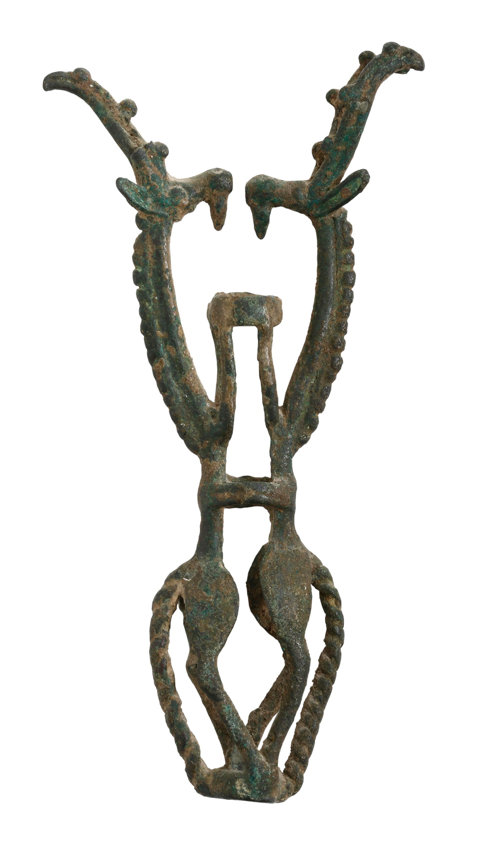 LURISTAN BRONZE - ANIMAL FINIAL WITH RINGS: Luristan (western Iran), 8th-13th centuries BCE. Bronze, depicting two entwined goats. Height: 16.5 cm. A similar Luristan piece can be found in the Nasli M. Heeramaneck Collection of Near and Ancient