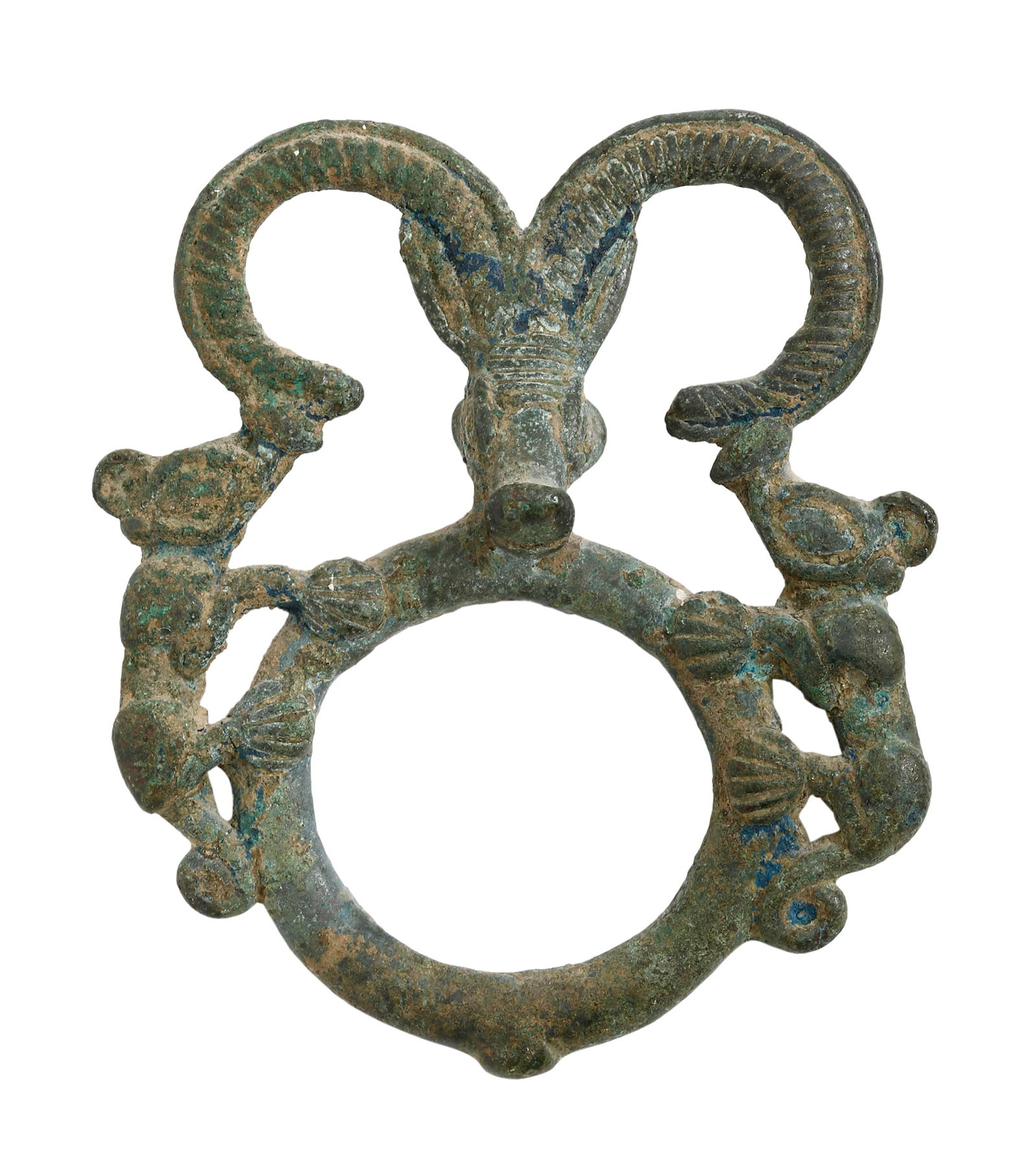 LURISTAN BRONZE - HARNESS RING WITH IBEX AND FELINES: Luristan (western Iran), 9th–10th centuries BCE. Bronze, depicting a goat and two cats. Height: 8.5 cm. An identical Luristan piece on Wikipedia, sourced from the Academy of Arts in Honolulu. Source