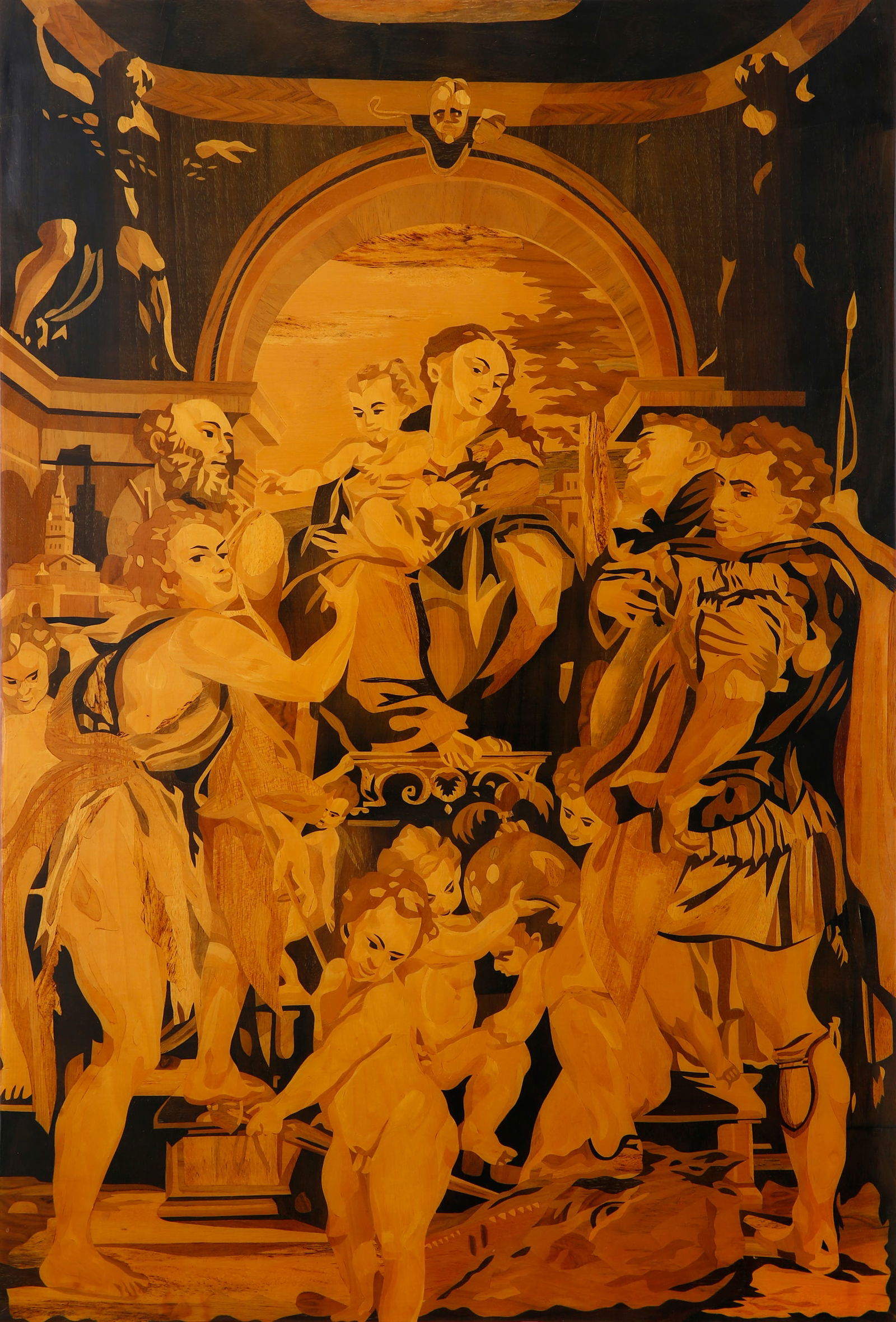 'MADONNA, ANGELS AND SAINTS – ITALIAN MARQUETRY PANEL: Made of wood inlaid with pieces of different veneers. Inspired by the Italian renaissance. Dimensions: 93×61 cm. Minor defects.