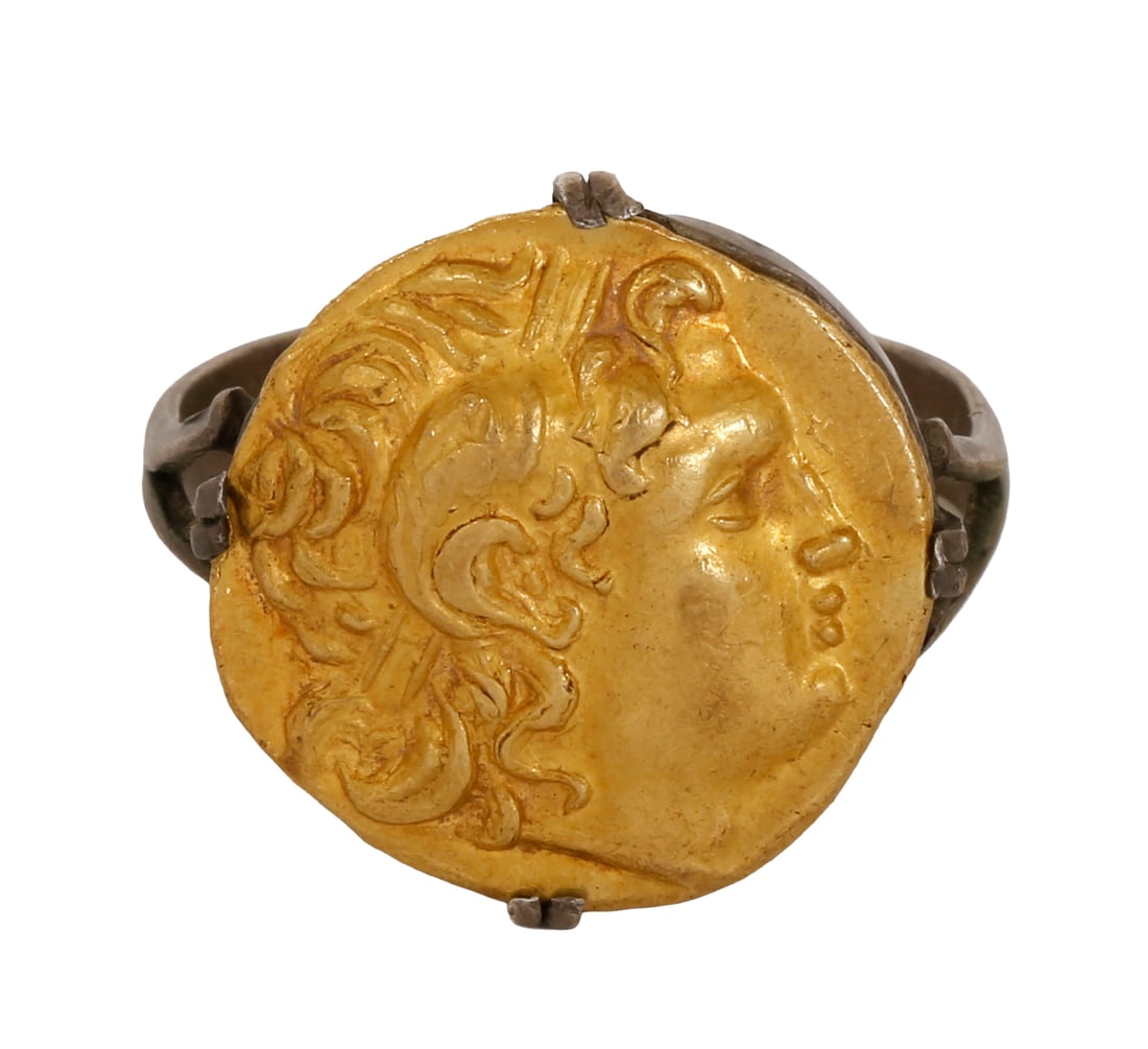 ANTIQUE GOLD COIN 22K GOLD: Alexander the Great, set inside a silver ring. Weight approx. 11.3 grams.