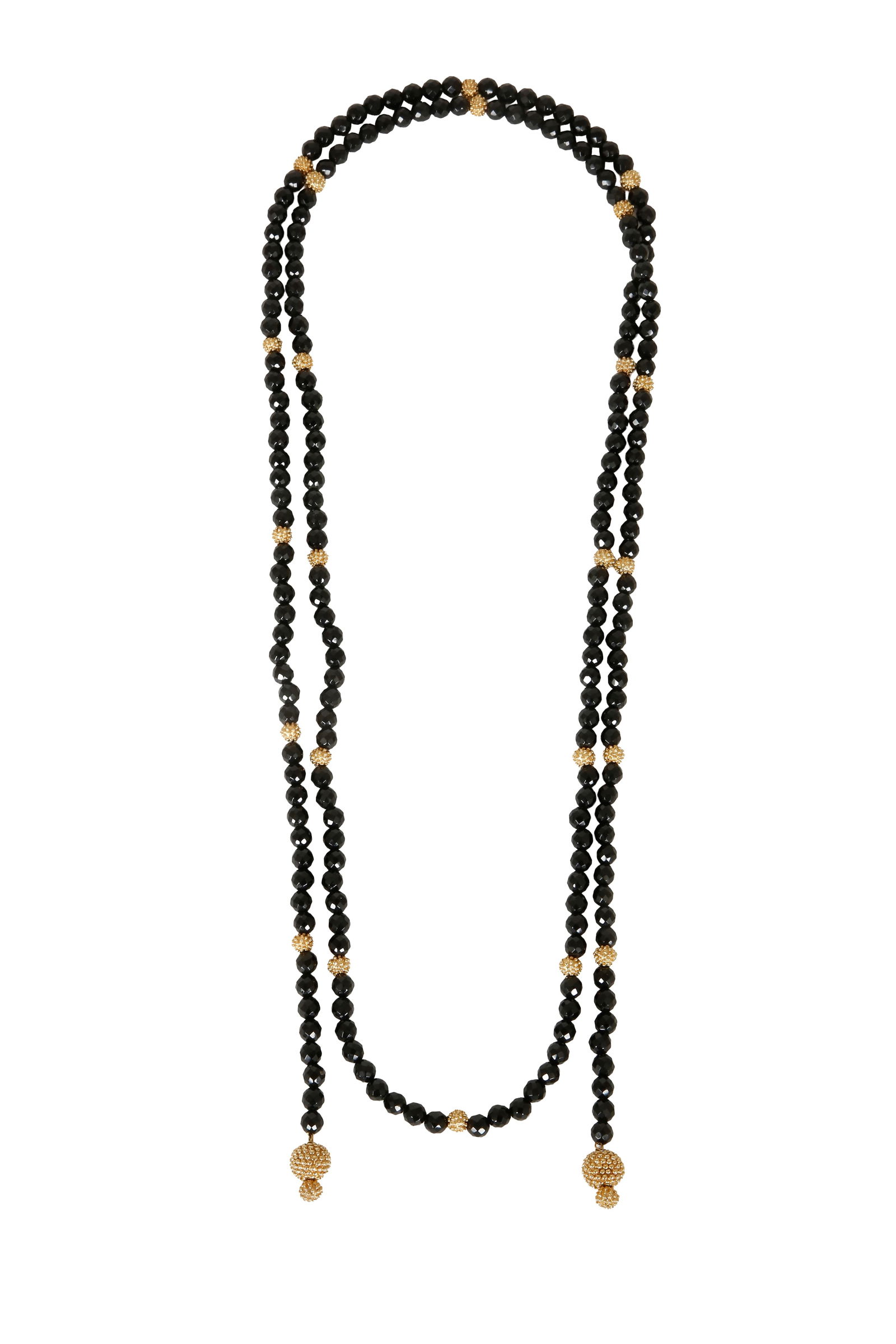 AYA ONYX NECKLACE: Open, scarf-style. Onyx beads approx. 6 mm in diameter, and 18K Gold beads. Length approx. 140 cm.